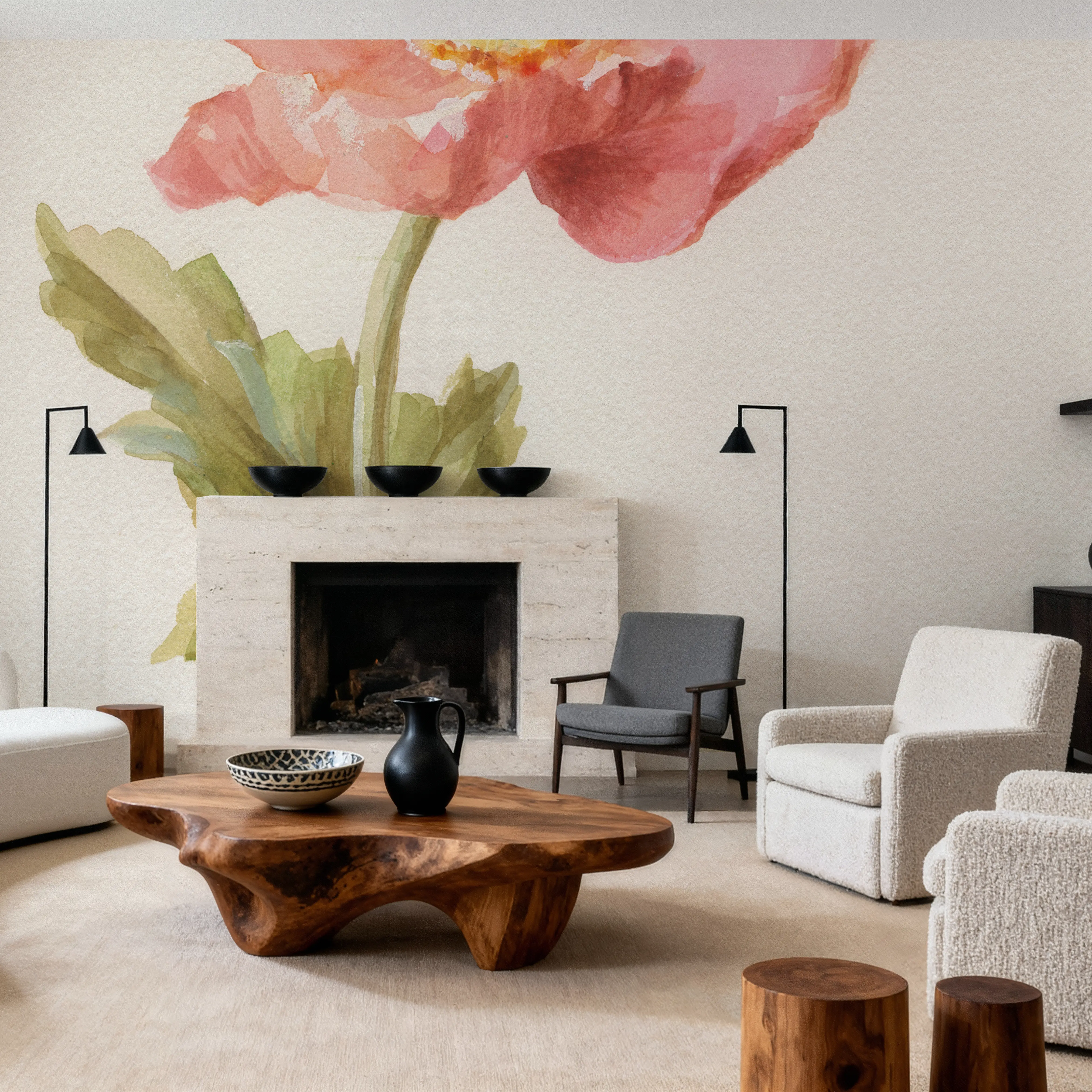 Papier Peint Panoramique - Garden Poppy - Contemporain Floral - Rose - Chambre - Wallism Belgique - Encollage au mur ou Autocollant