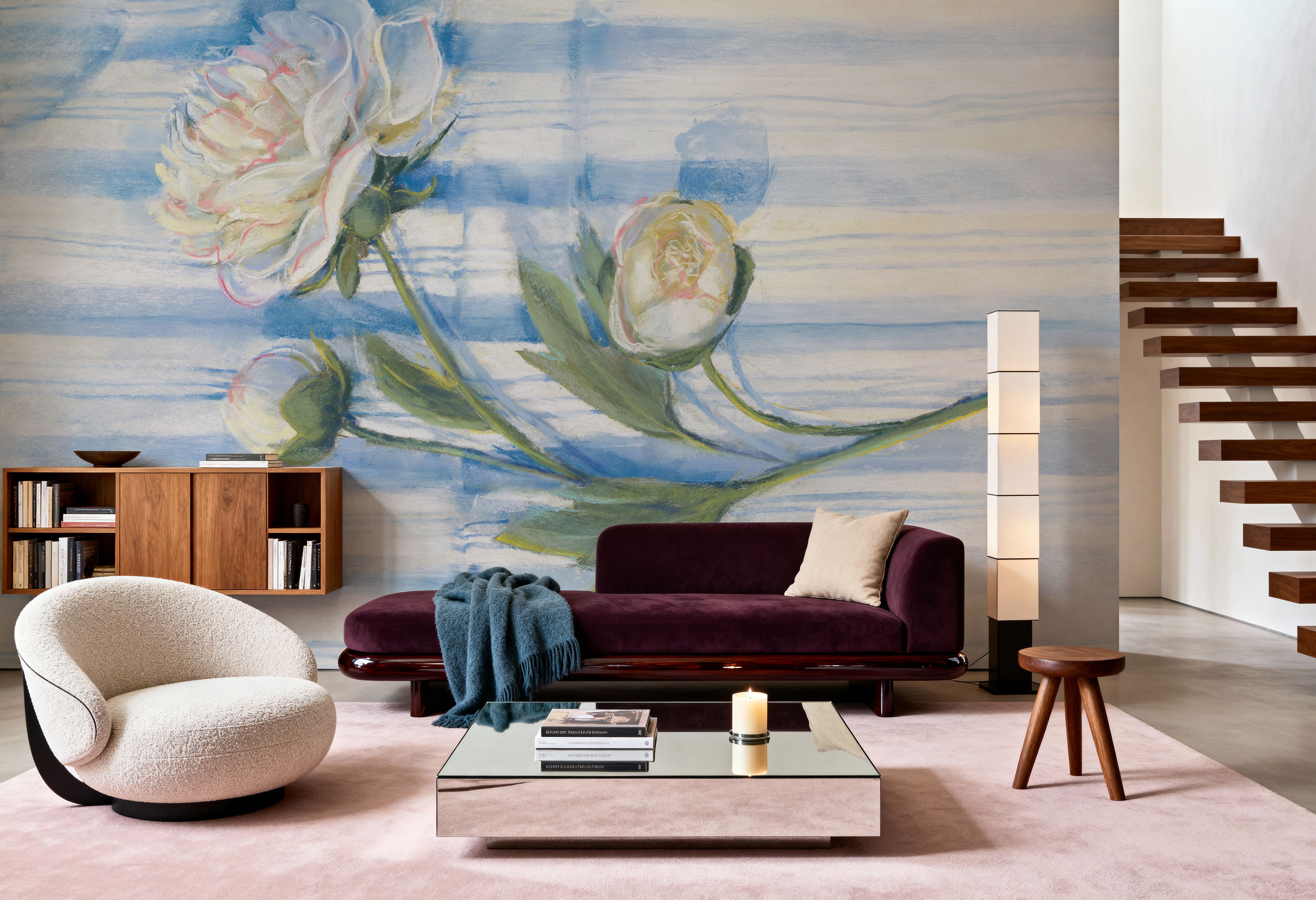 Peony on Blue Stripe