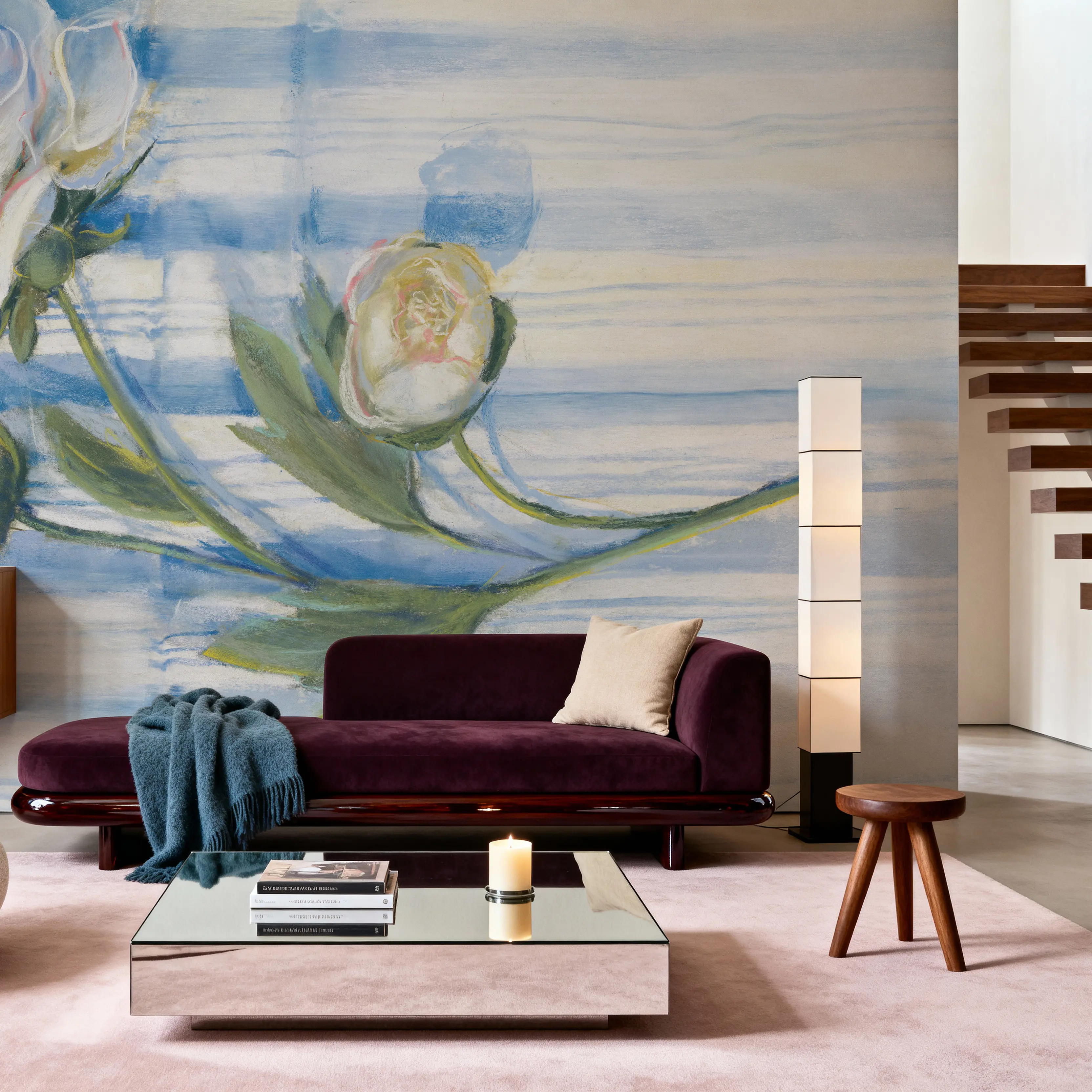 Papier Peint Panoramique - Peony on Blue Stripe - Contemporain Nature - Bleu - Salon - Wallism Belgique - Encollage au mur ou Autocollant
