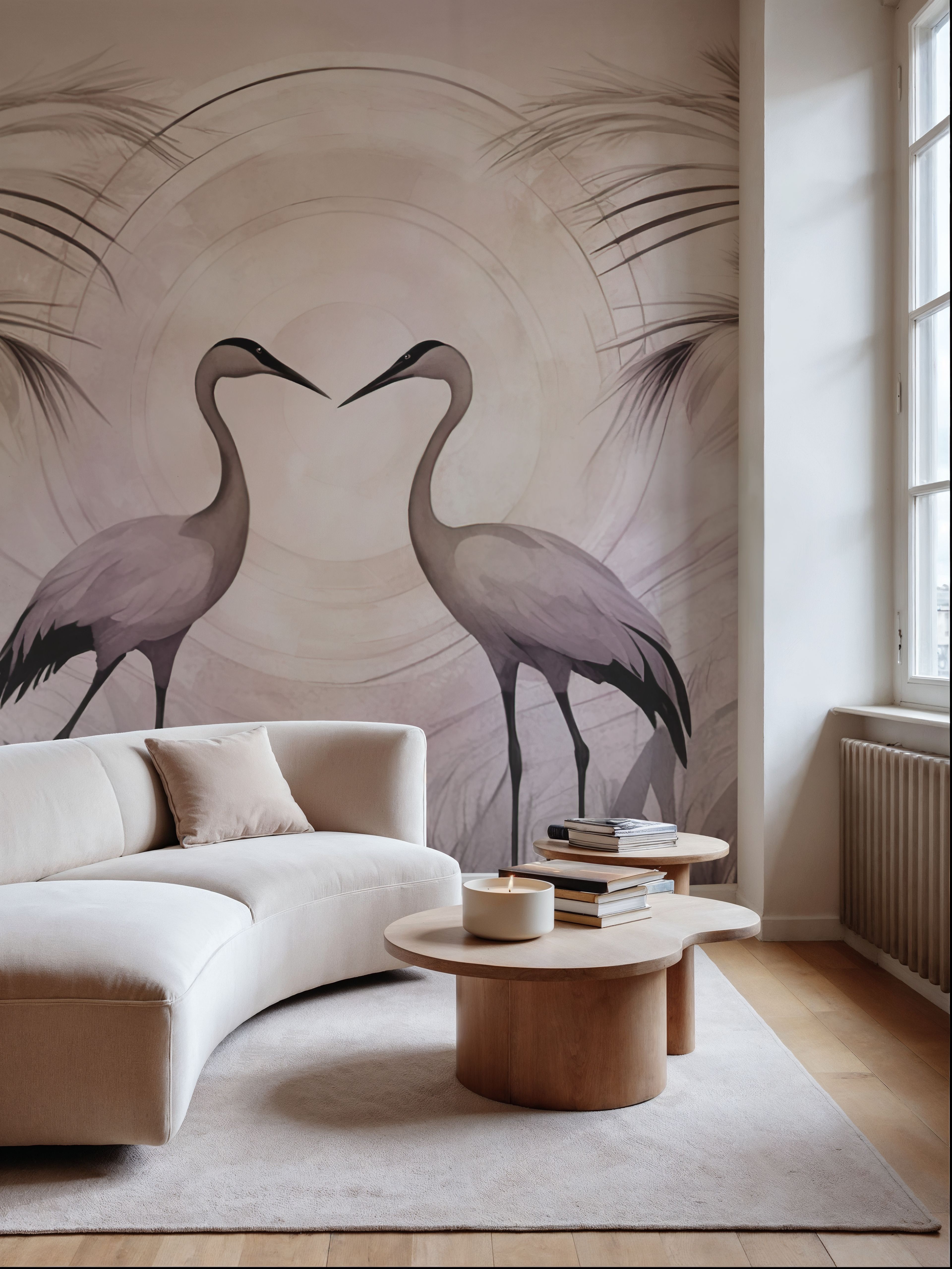 Wall Mural - Cranes at Sunset Pink - Birds Japandi mural wallpaper - Dining Room - Wallism US - Premium, Textured or Peel & Stick