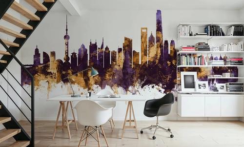 Shanghai China Skyline Purple & Gold