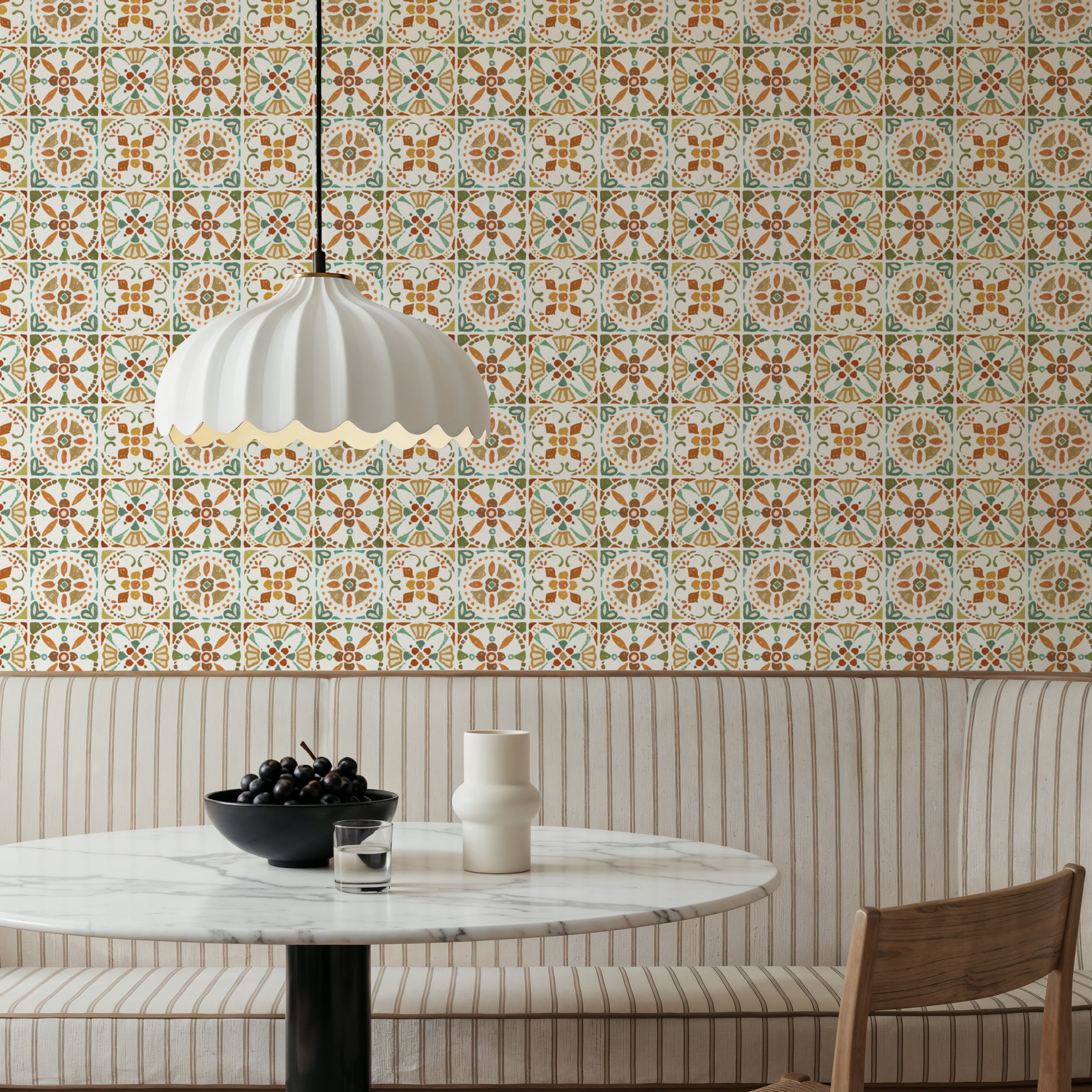 Wallpaper - Autumn Tiles White - Folk Tiles - Orange - Offices - Wallism UK - Premium, Textured or Peel & Stick
