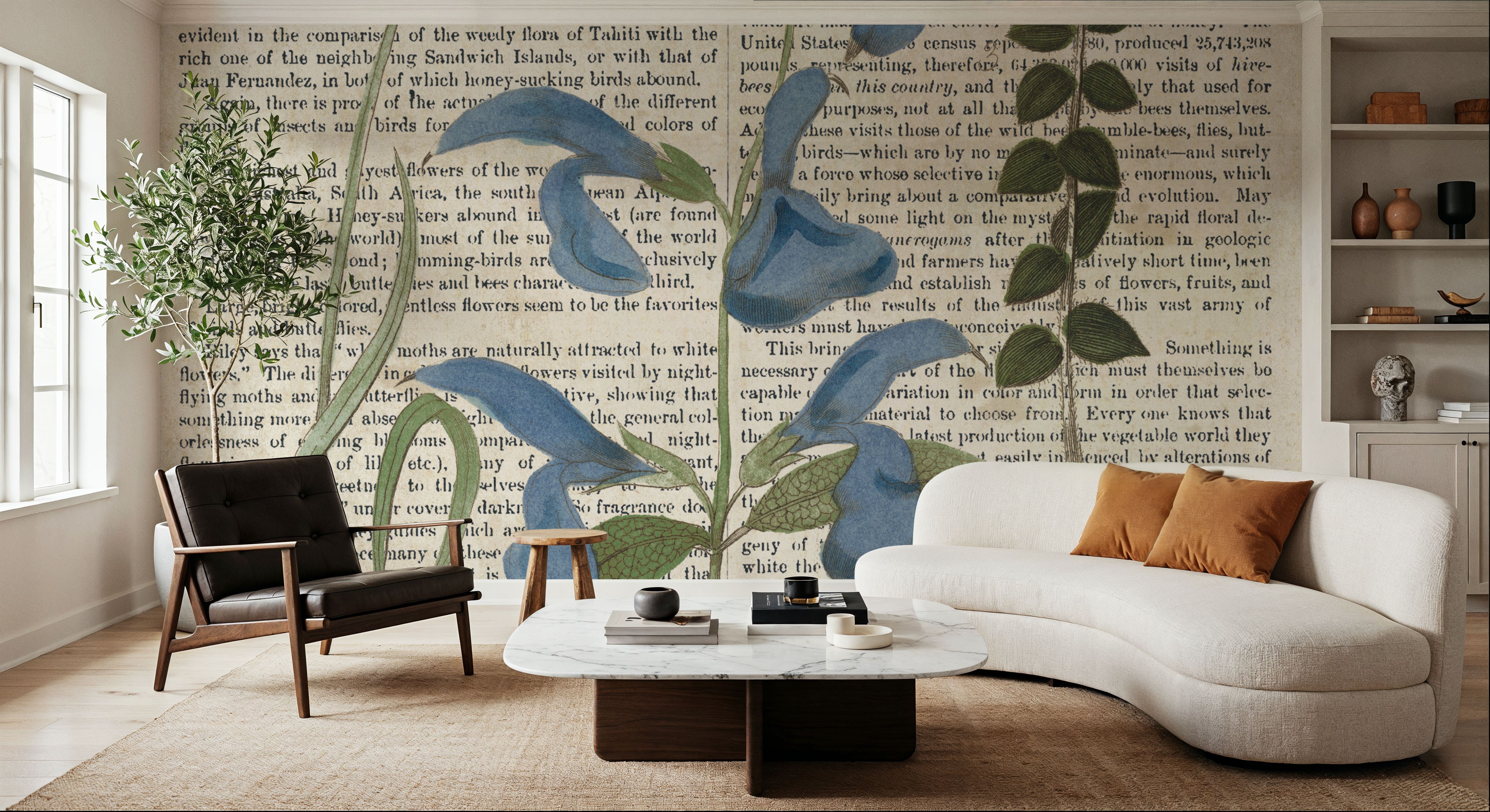 Salvia Florals on Newsprint II, Wallpaper