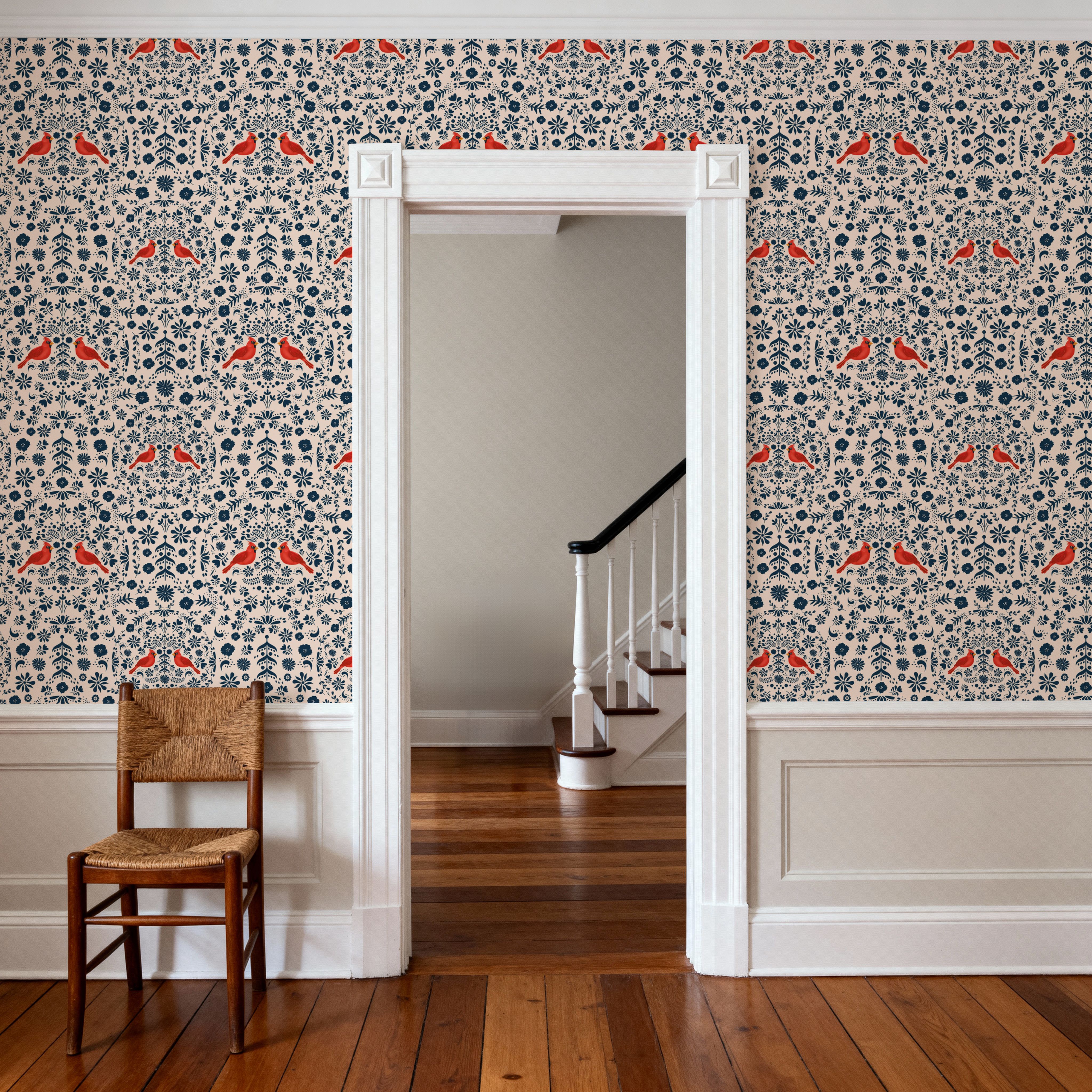 Cardinal Christmas, Blue on Cream