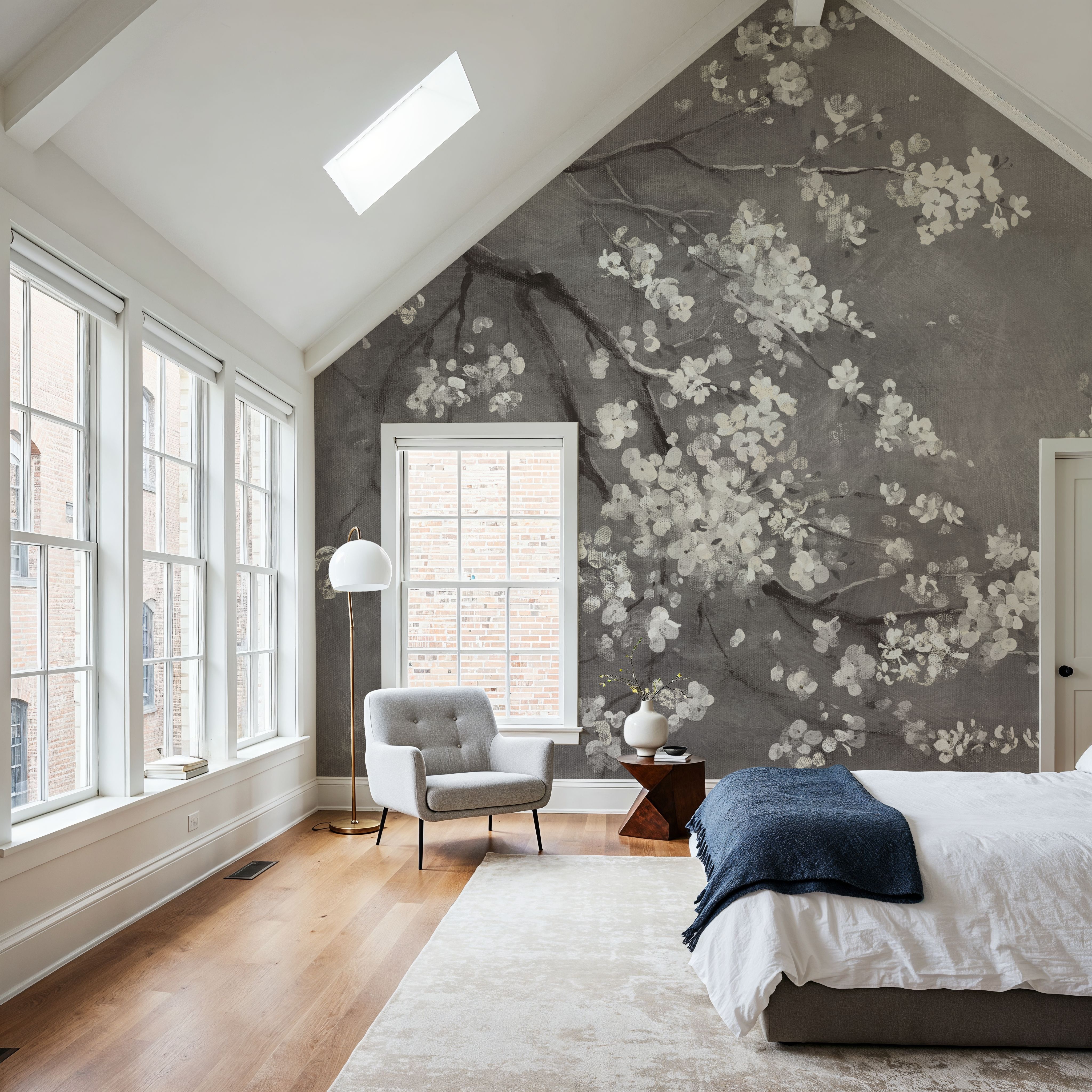 White Cherry Blossoms I on Grey