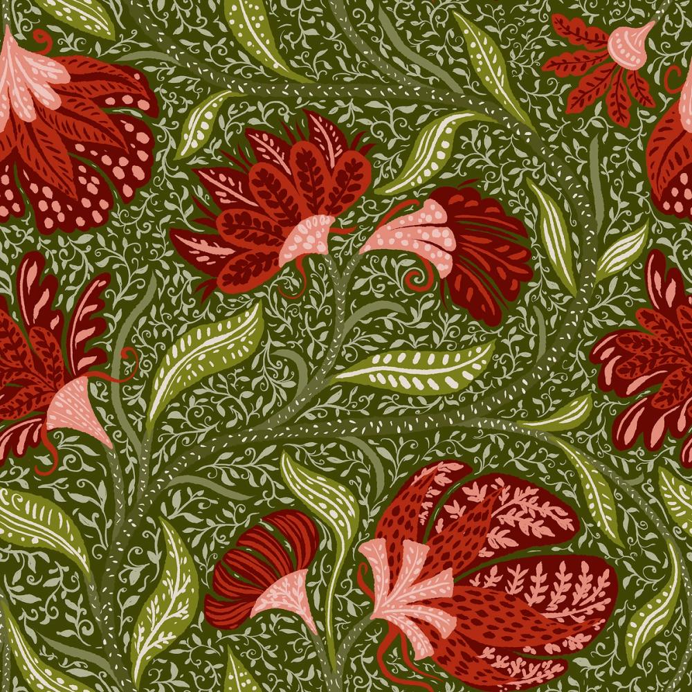 Indial Floral, Vermilion on Olive