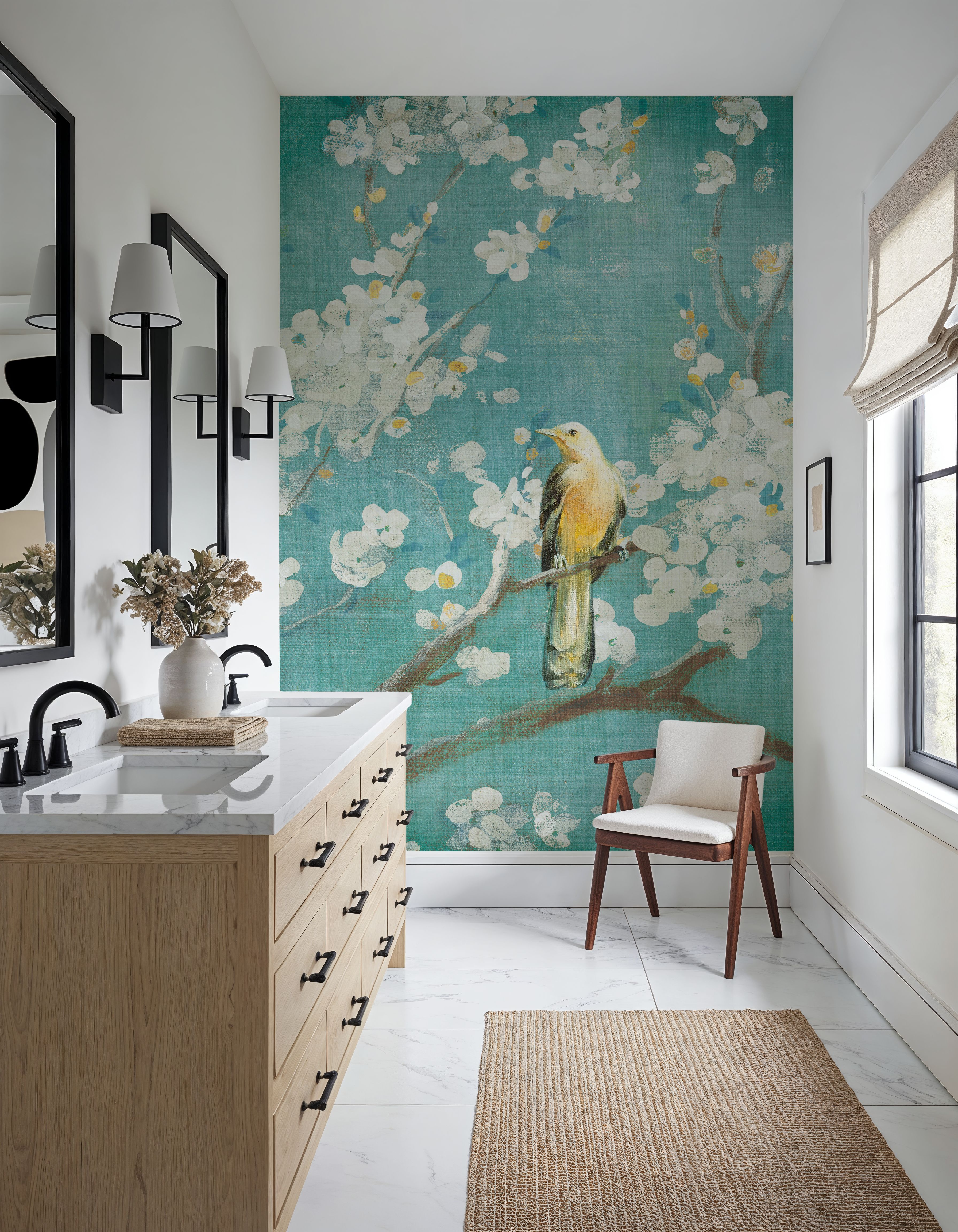 White Cherry Blossoms I on Blue Aged