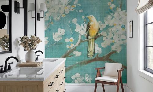 White Cherry Blossoms I on Blue Aged