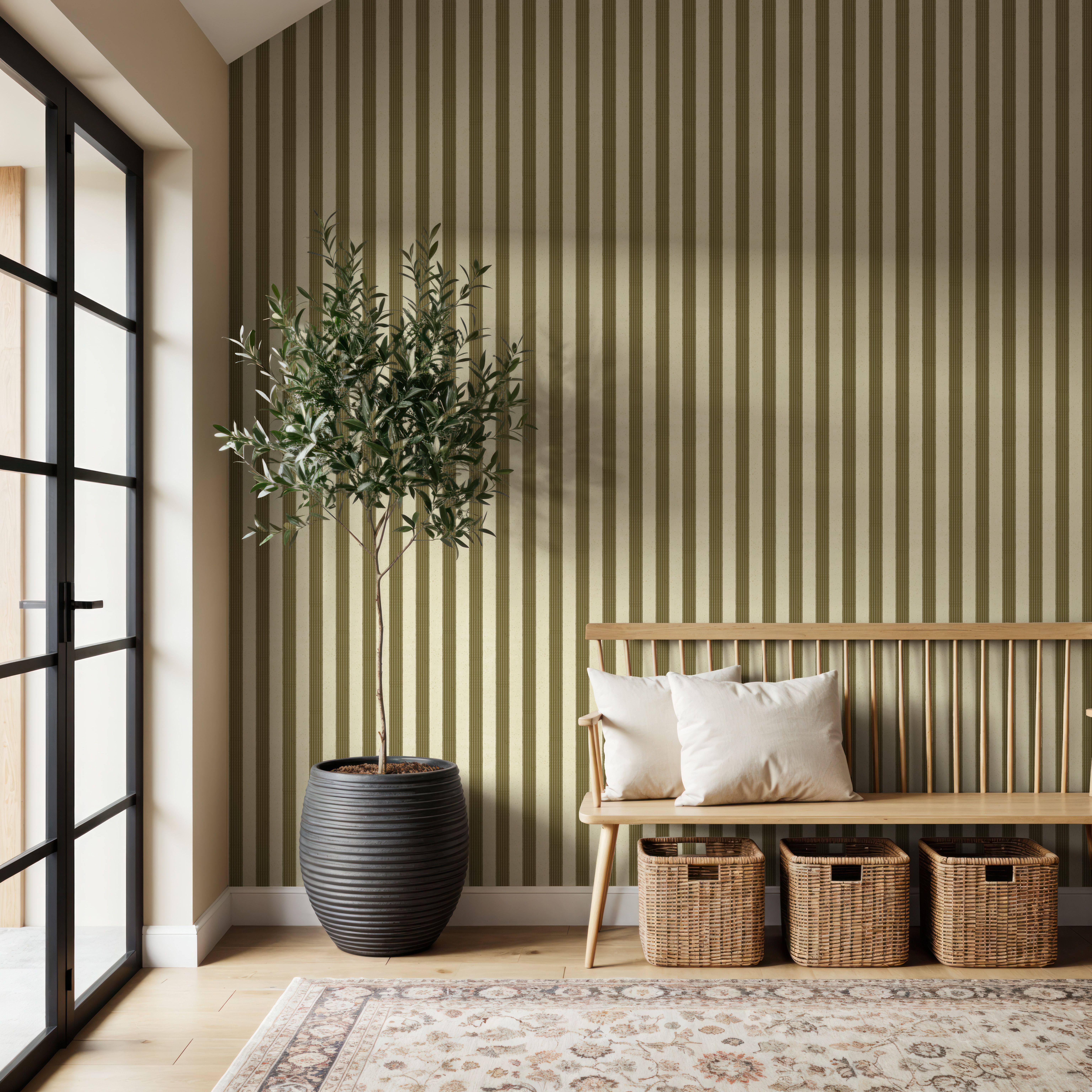 Ticking Awning Stripes, Khaki, Papier peint