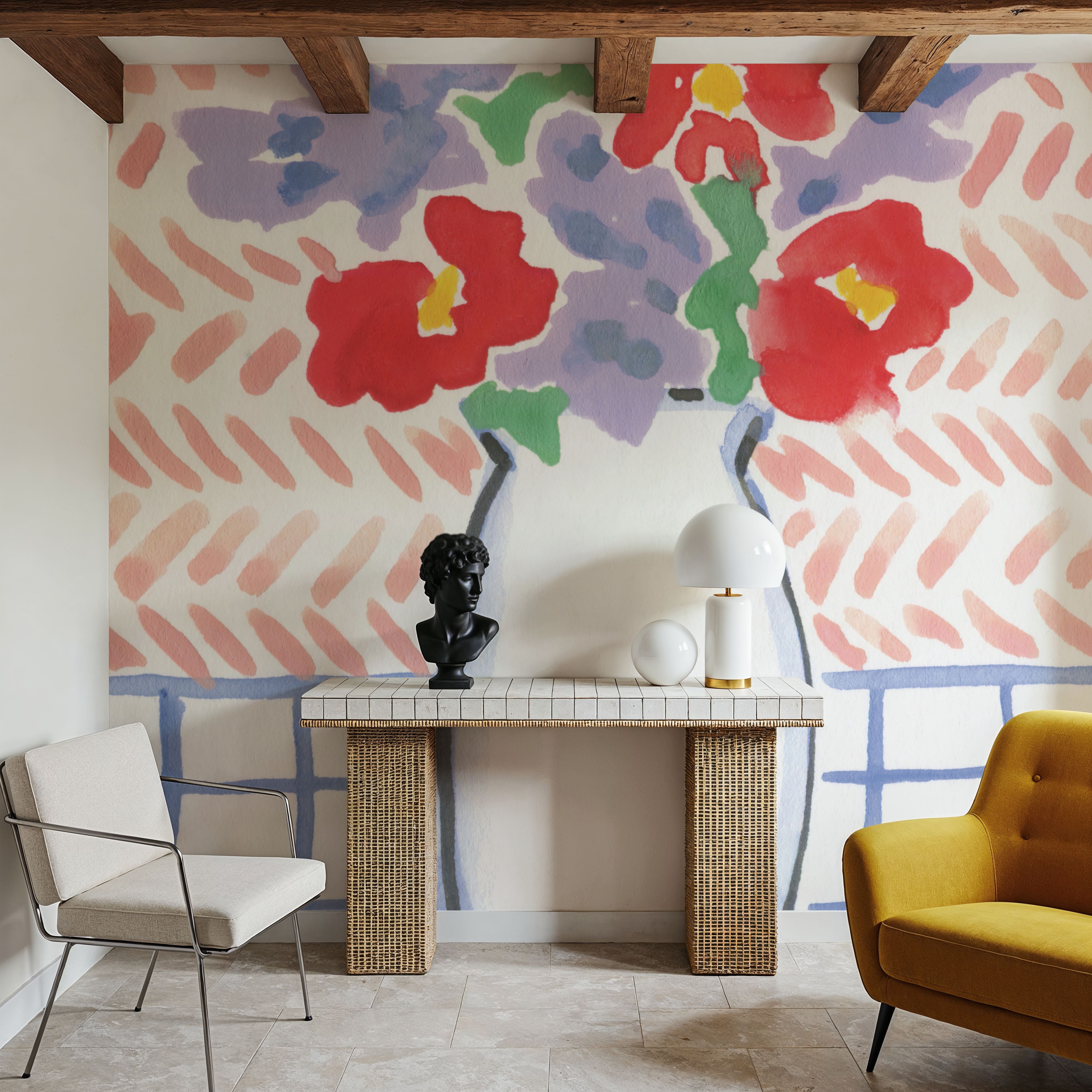 Wall Mural - Happy Bouquet - Floral Nature mural wallpaper - Red - Hallway staircases - Wallism US - Premium, Textured or Peel & Stick