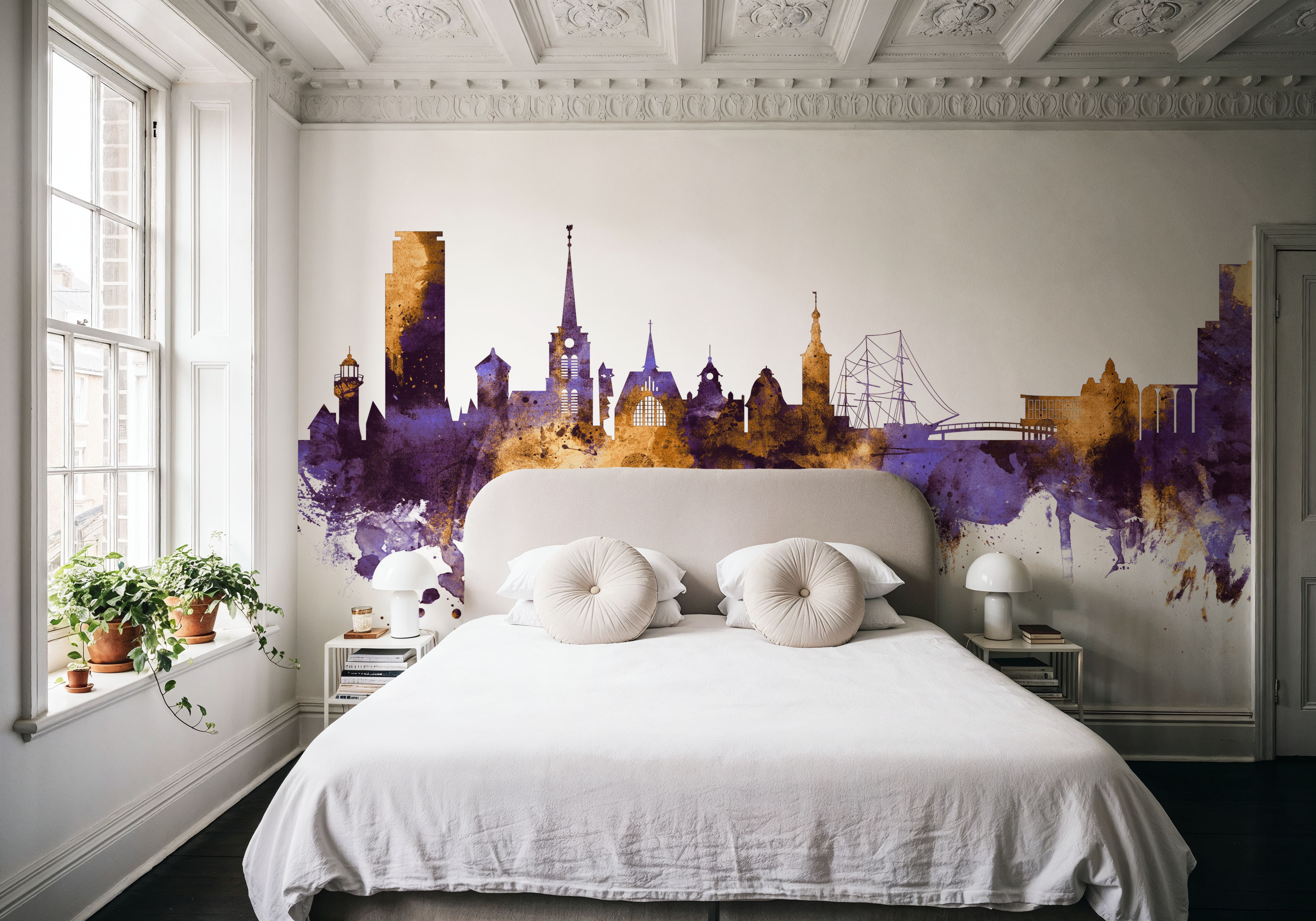 Halmstad Sweden Skyline Purple & Gold