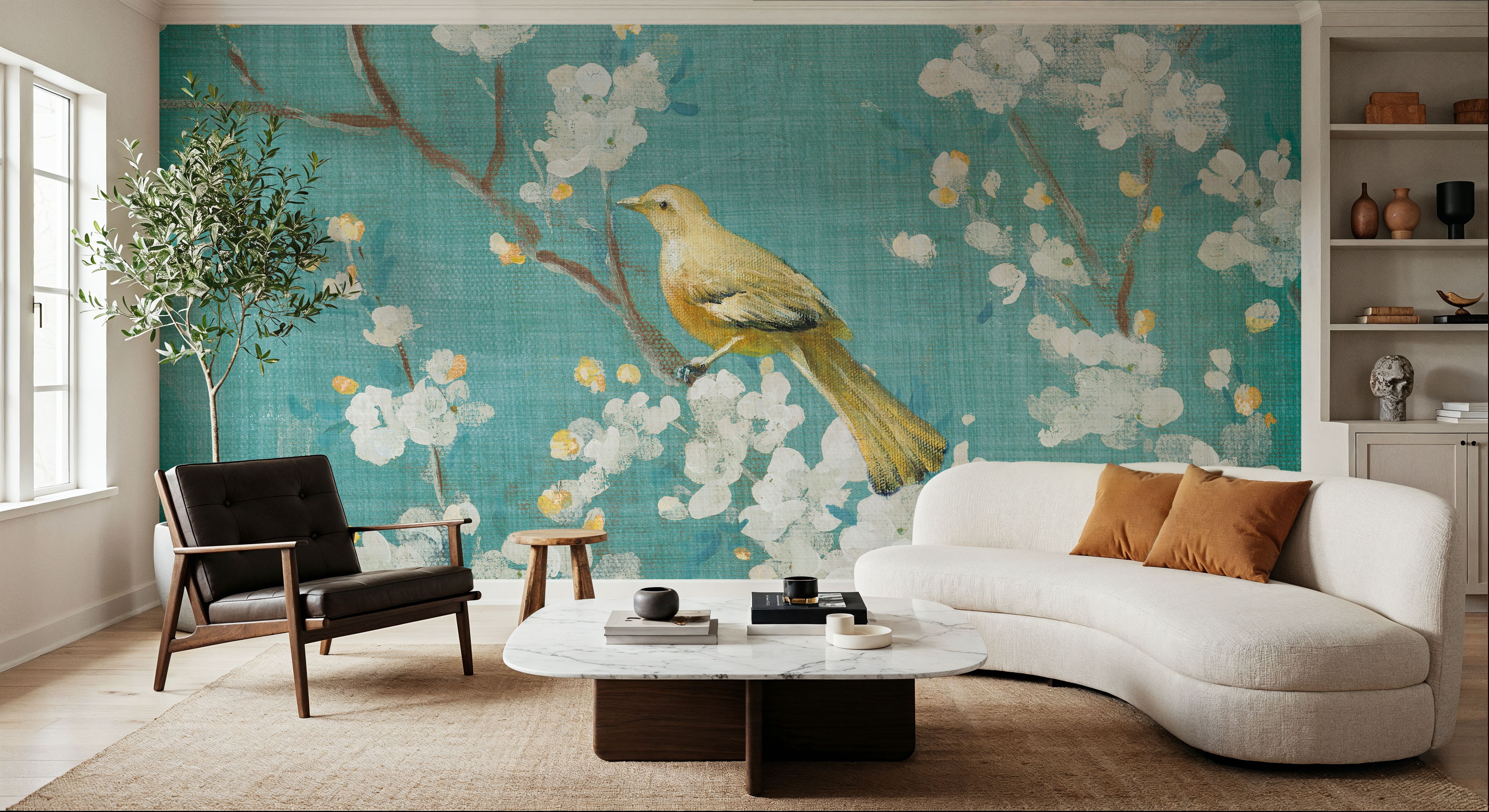 White Cherry Blossoms II on Blue Aged