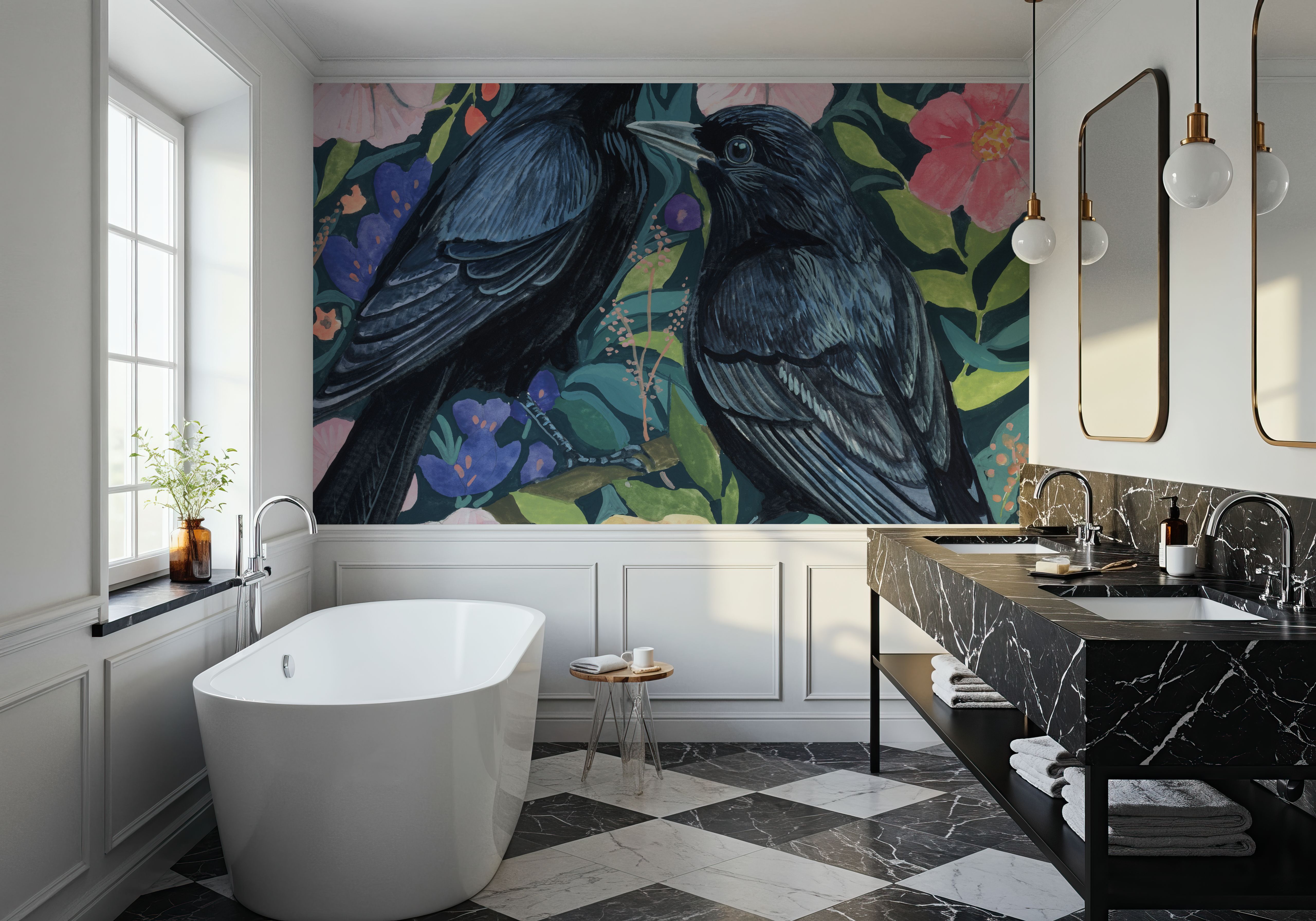 Two Crows on Flowers