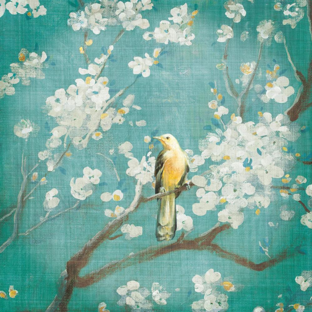 White Cherry Blossoms I on Blue Aged