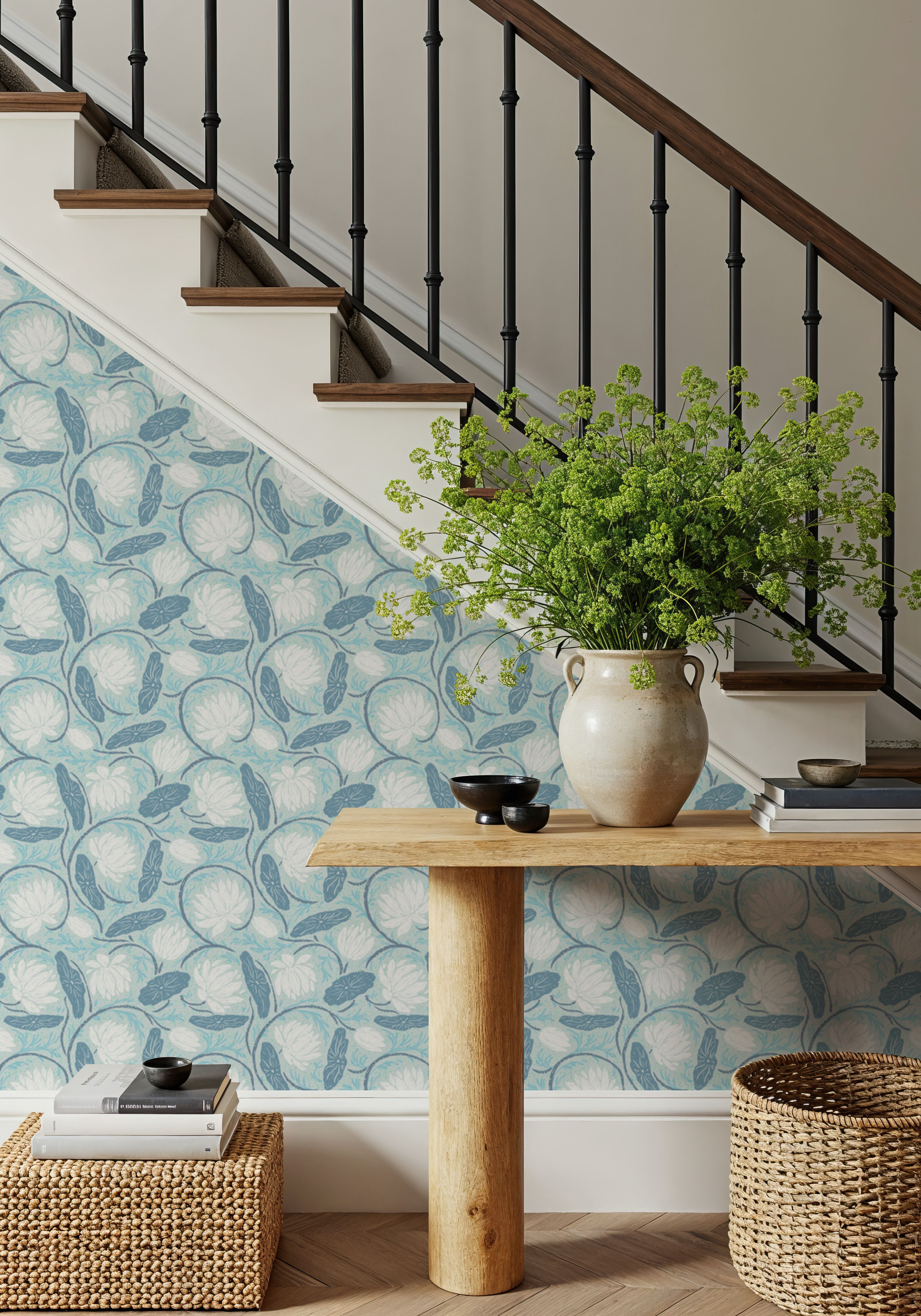 Block Print Lotus, Sky, Papel de parede