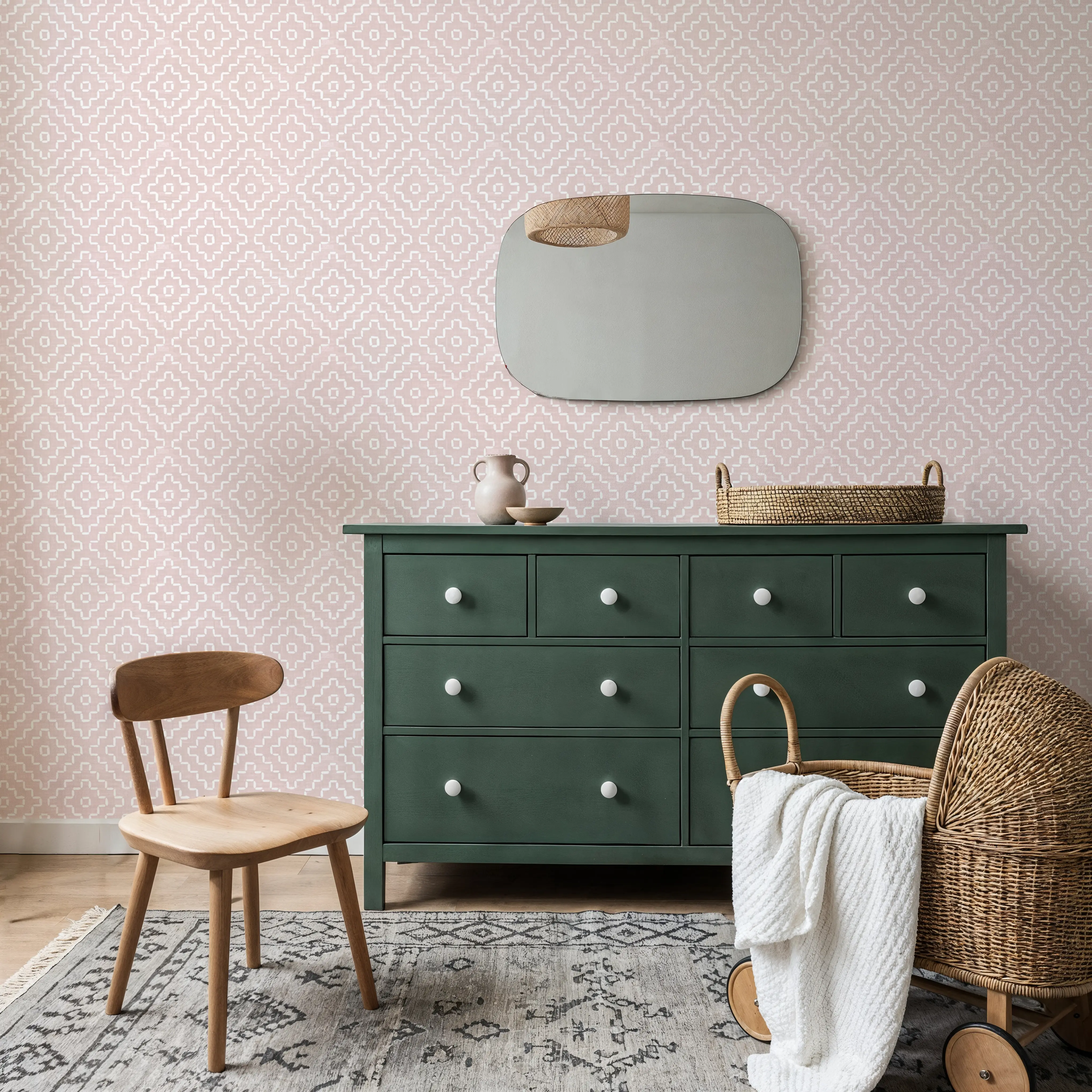 Wallpaper - Mixed Greens Pink - Ikat Squares - Pink - Offices - Wallism UK - Peel & Stick or Paste-the-Wall