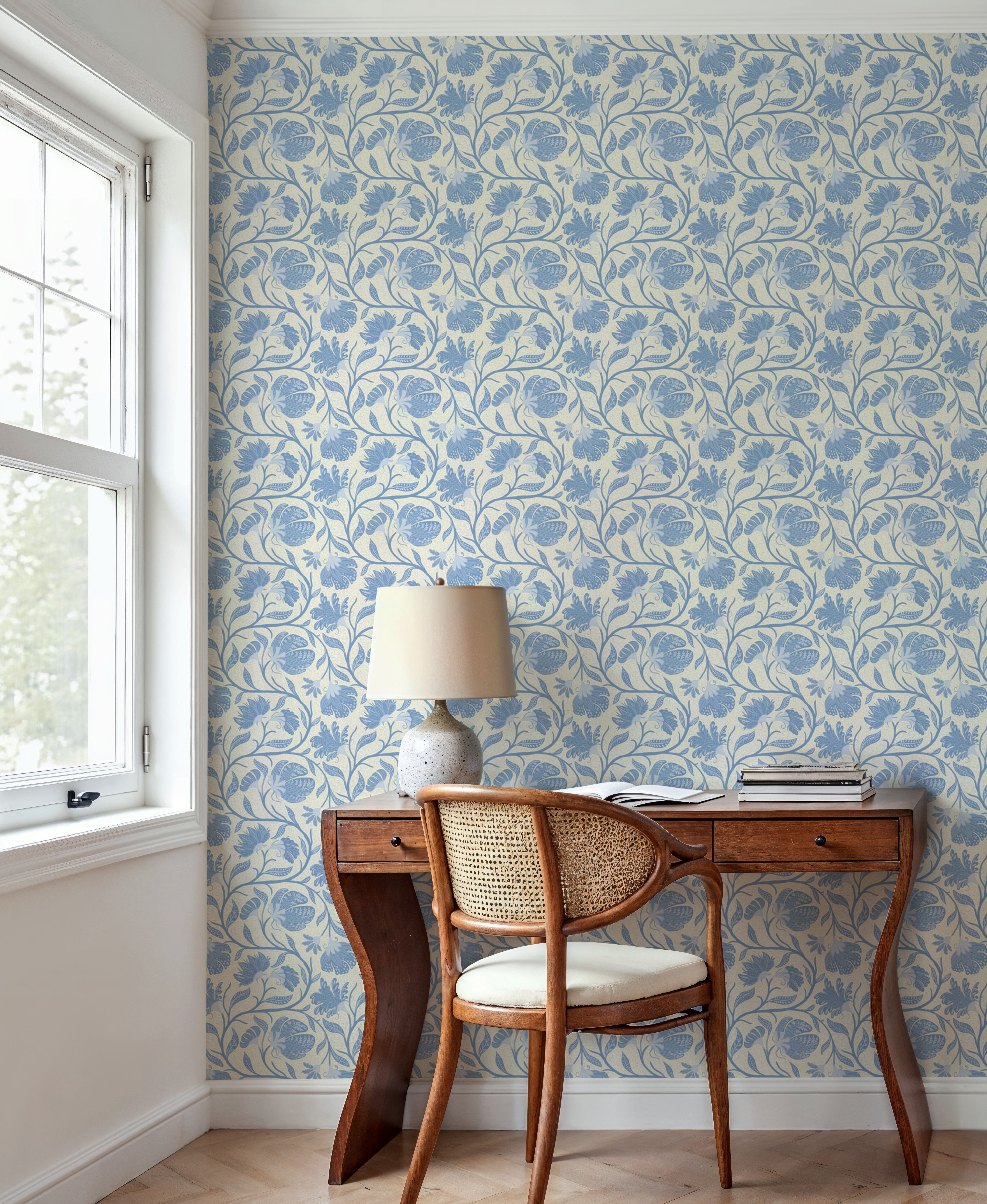 Indial Floral, Baby Blue on Cream