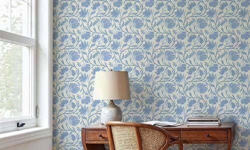 Indial Floral, Baby Blue on Cream