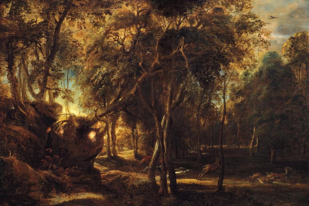 A Forest at Dawn with a Deer Hunt
