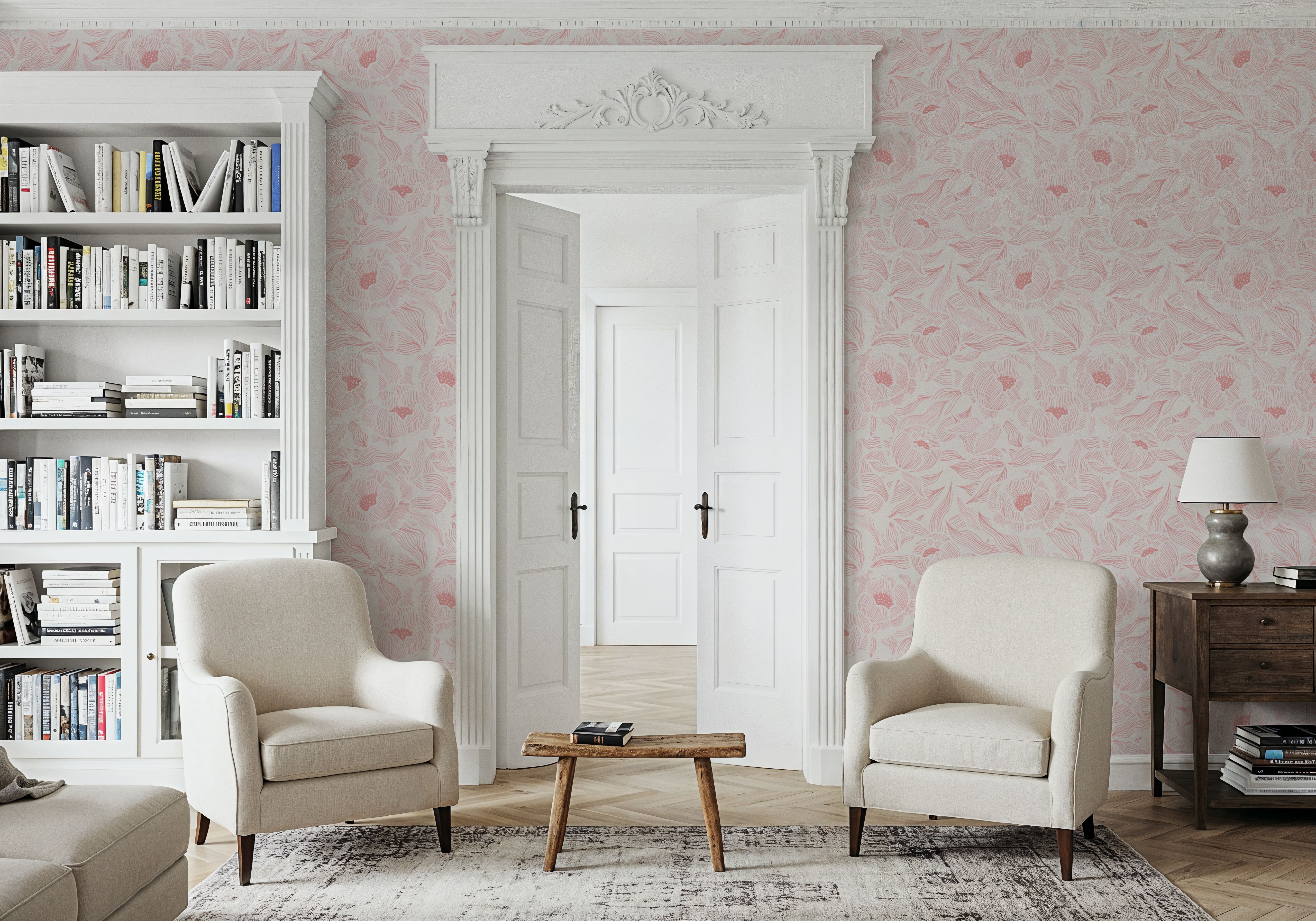 Hidden Peonies, Pink on White