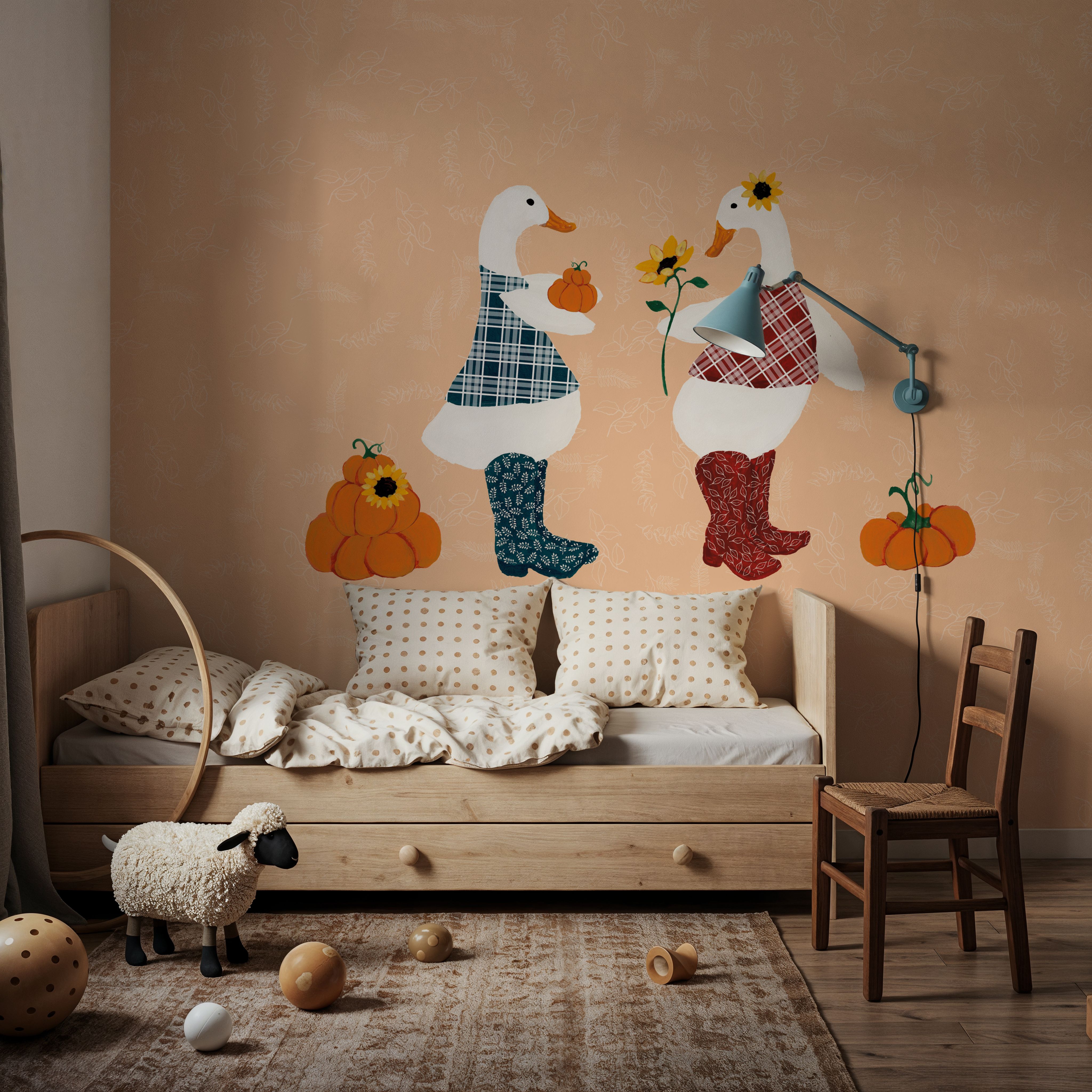 Wall Mural - Ducks in the Pumpkin Patch IV - Farm Animals mural wallpaper - Orange - Kids' Room - Wallism UK - Premium, Textured or Peel & Stick