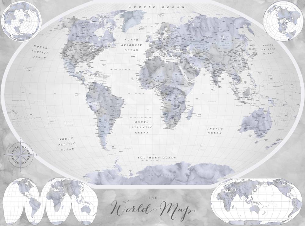 World Map Atlas Blue Gray