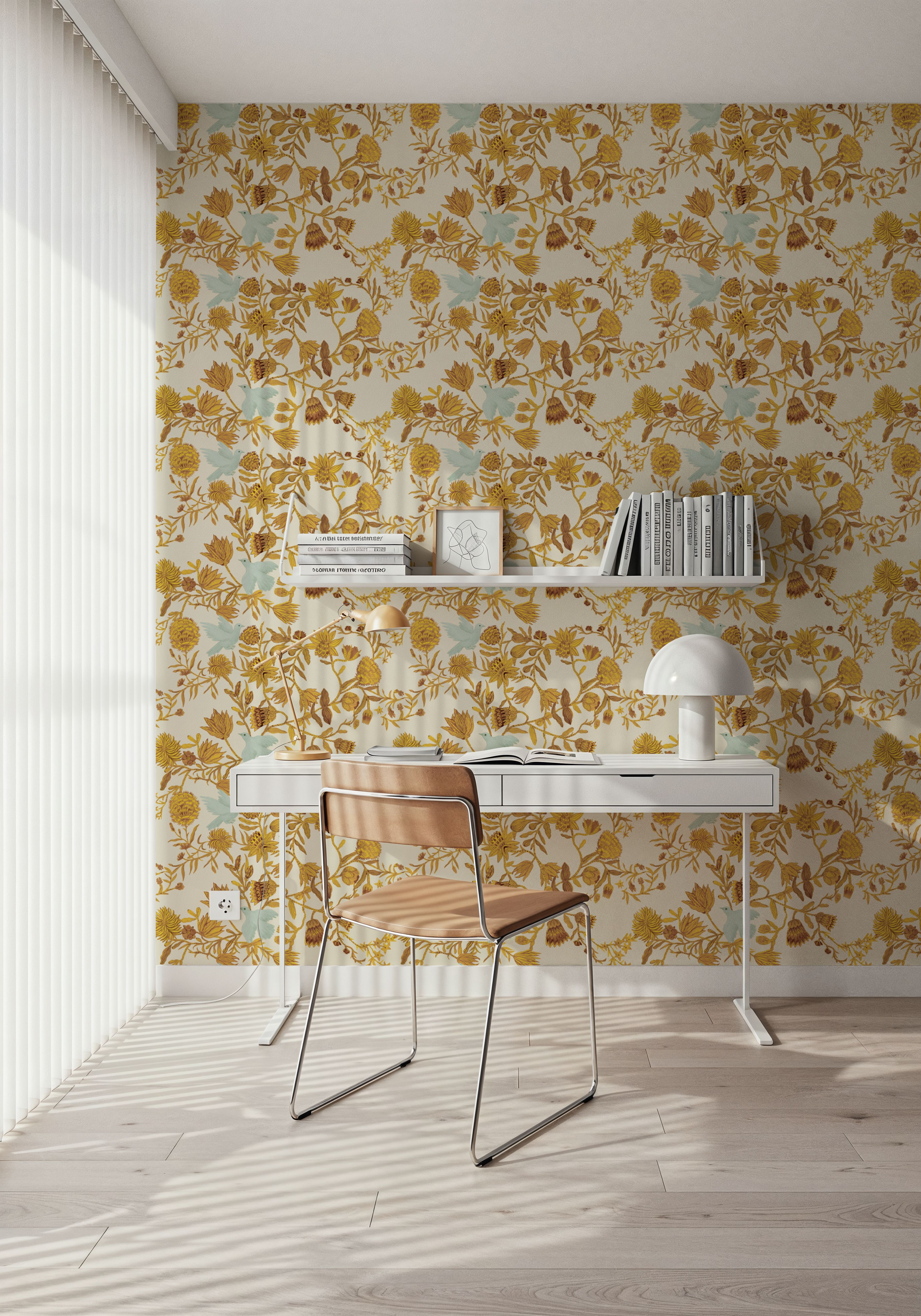 Wallpaper - Miracle Blossoms and Birds, Yellow - Birds Animals - Yellow - Hallway staircases - Wallism UK - Premium, Textured or Peel & Stick