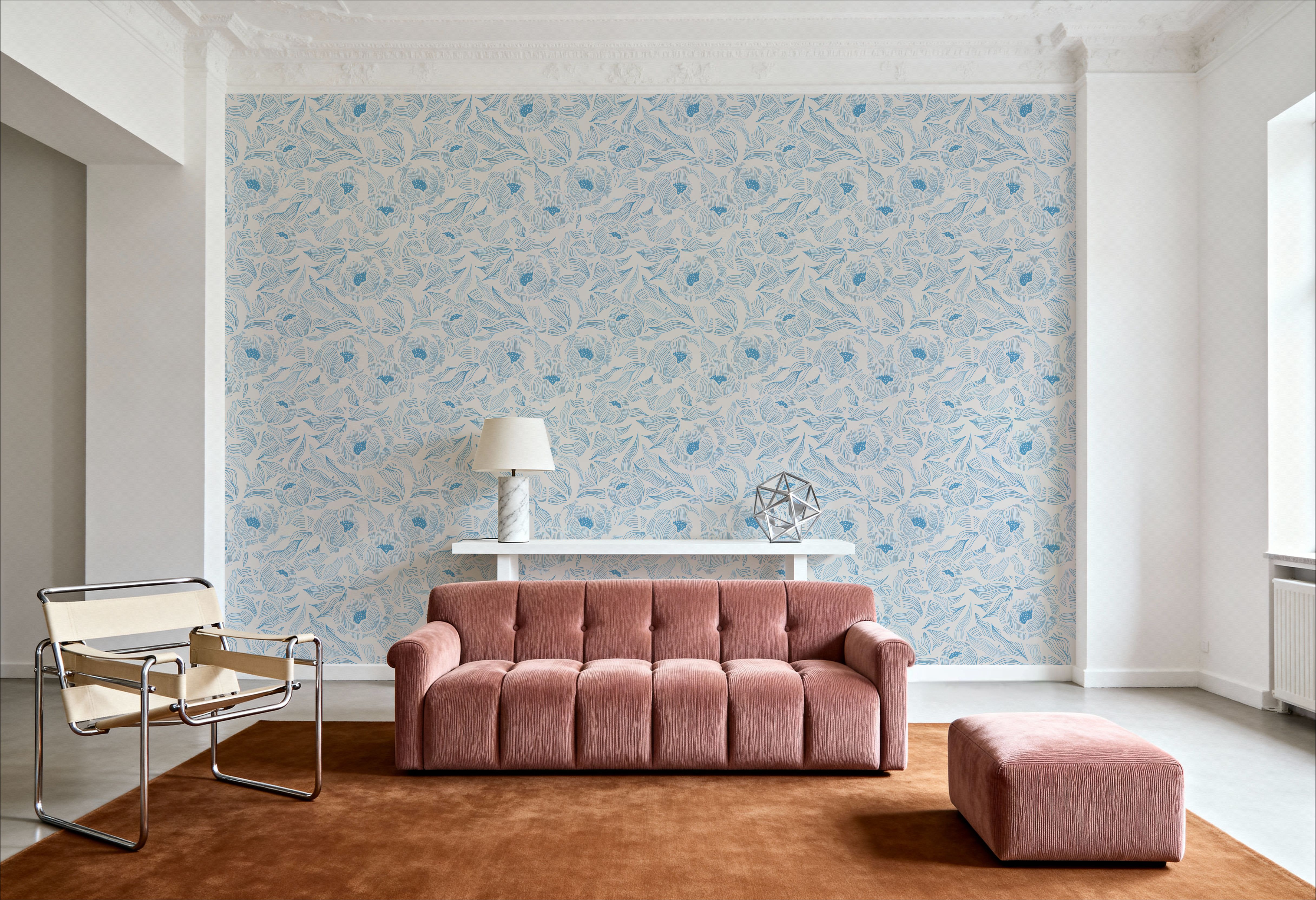 Hidden Peonies, Blue on Beige