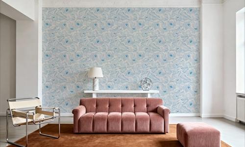 Hidden Peonies, Blue on Beige