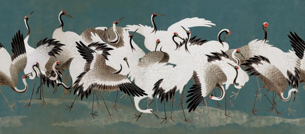 Japanese Flock of Cranes, Teal