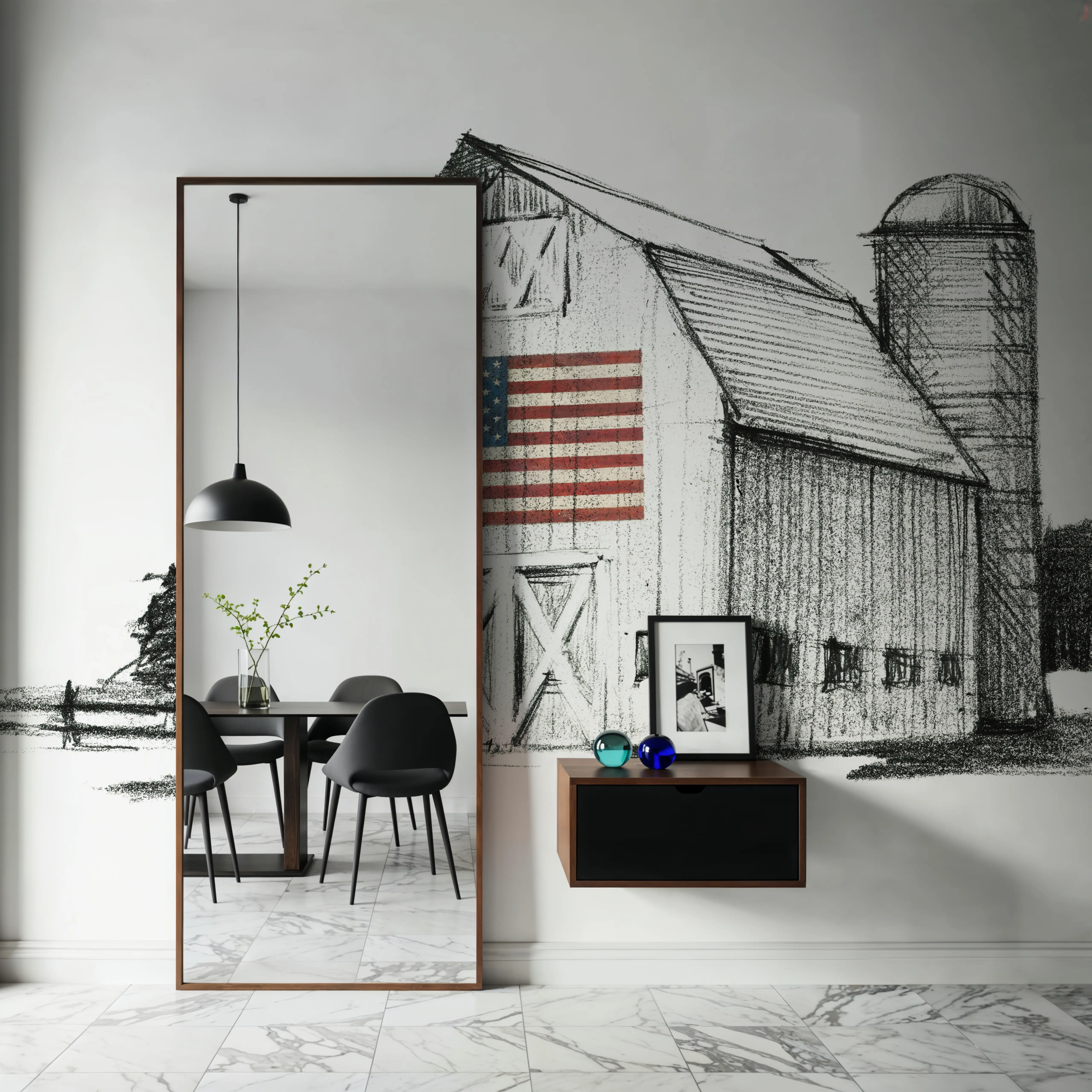 Fotobehang - US Barn - Architectuur Landschappen Mural - Wit - Gangtrappen - Wallism Nederland - Zelfklevend of Vliesbehang