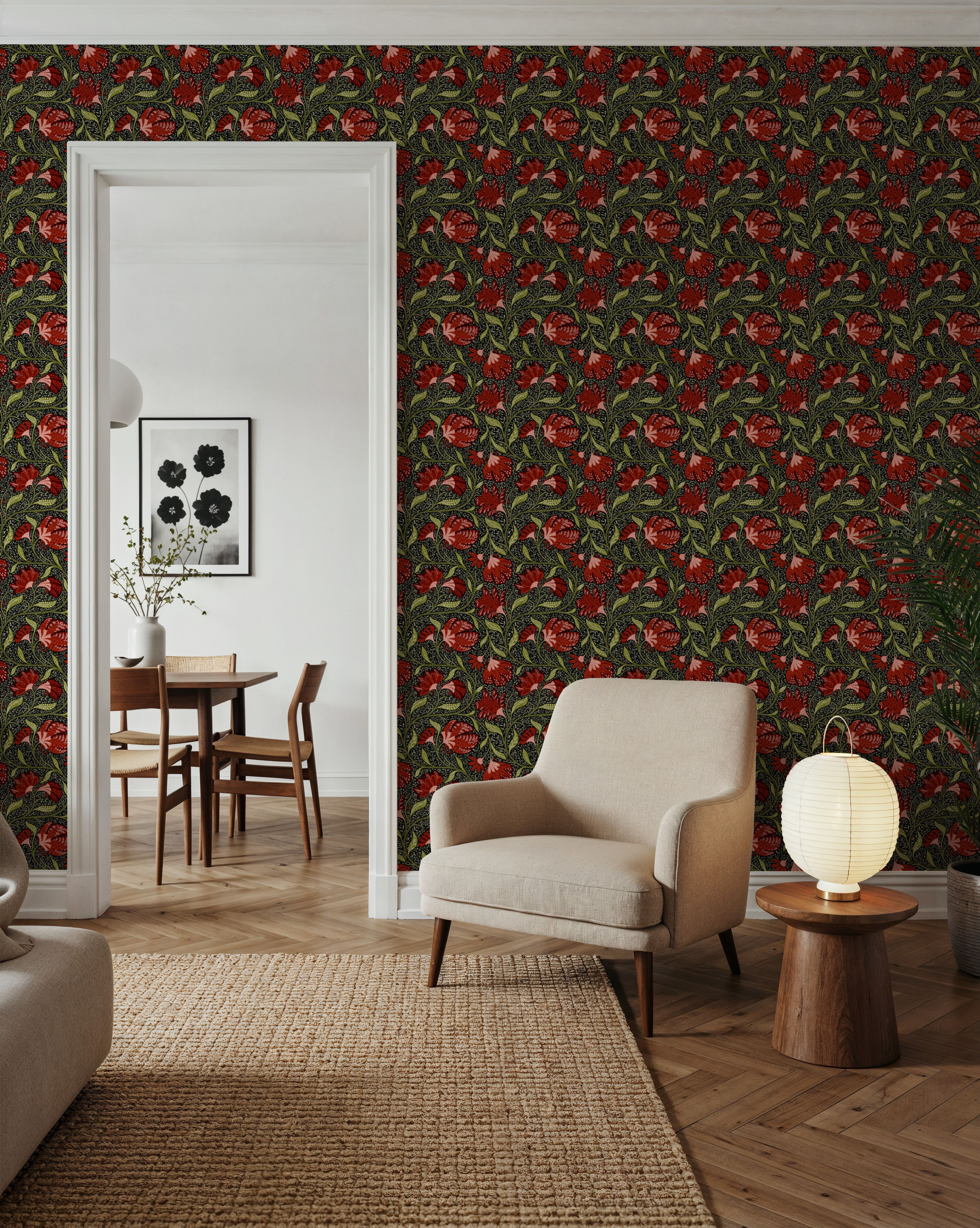 Indial Floral, Vermilion on Midnight
