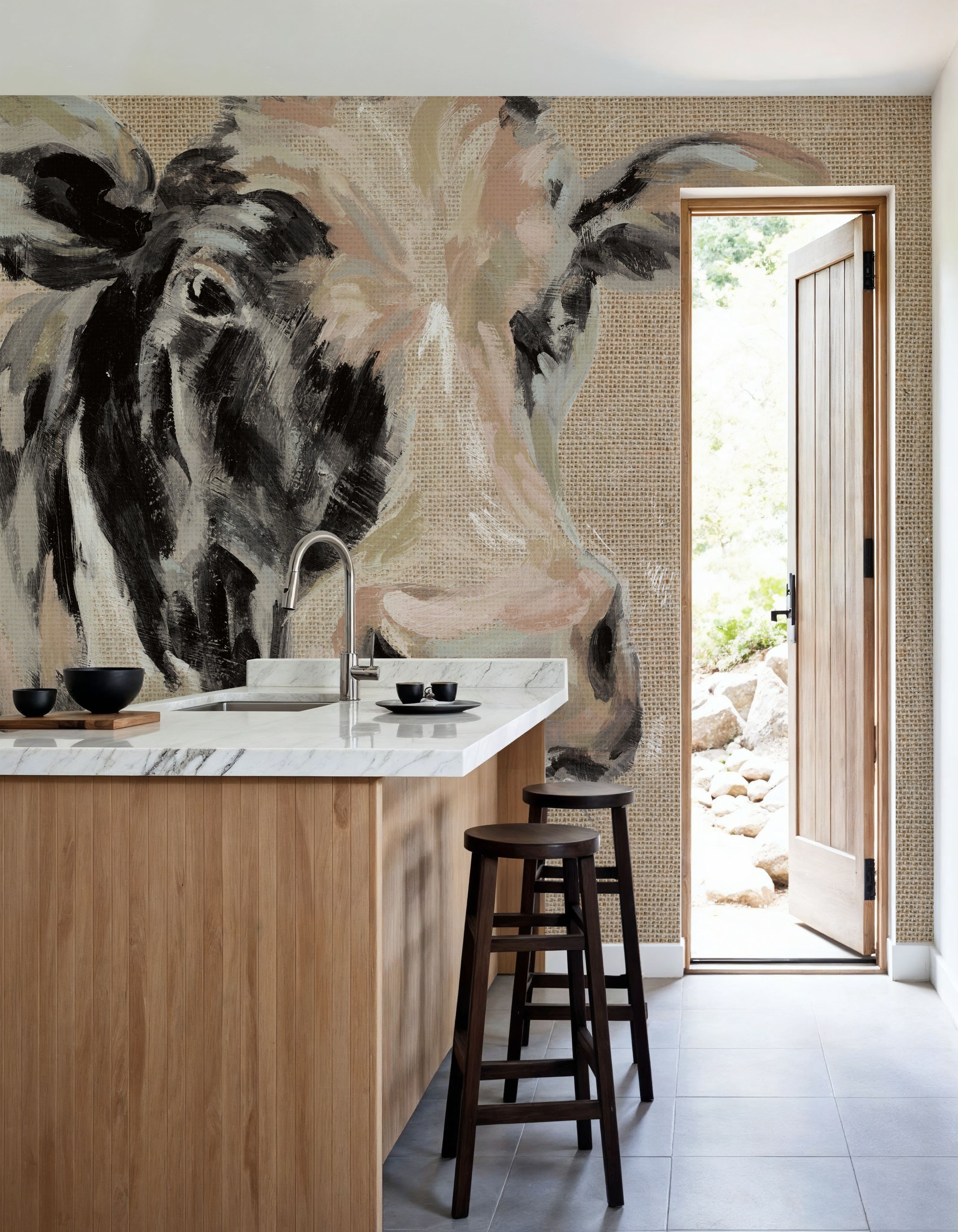 Expressionistic Cow I Neutral Burlap