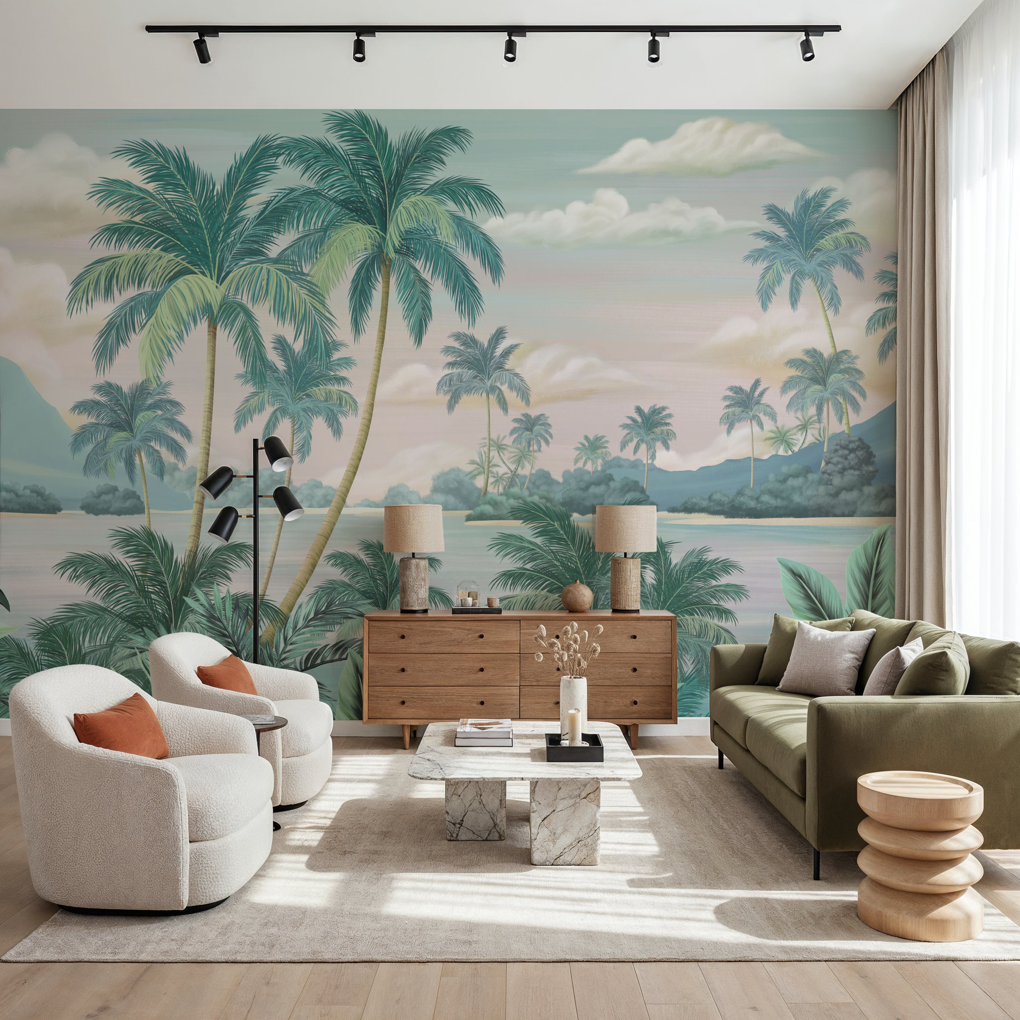 Wall Mural - Paradise Lagoon, Blue - Beach Landscapes mural wallpaper - Green - Hallway staircases - Wallism UK - Premium, Textured or Peel & Stick