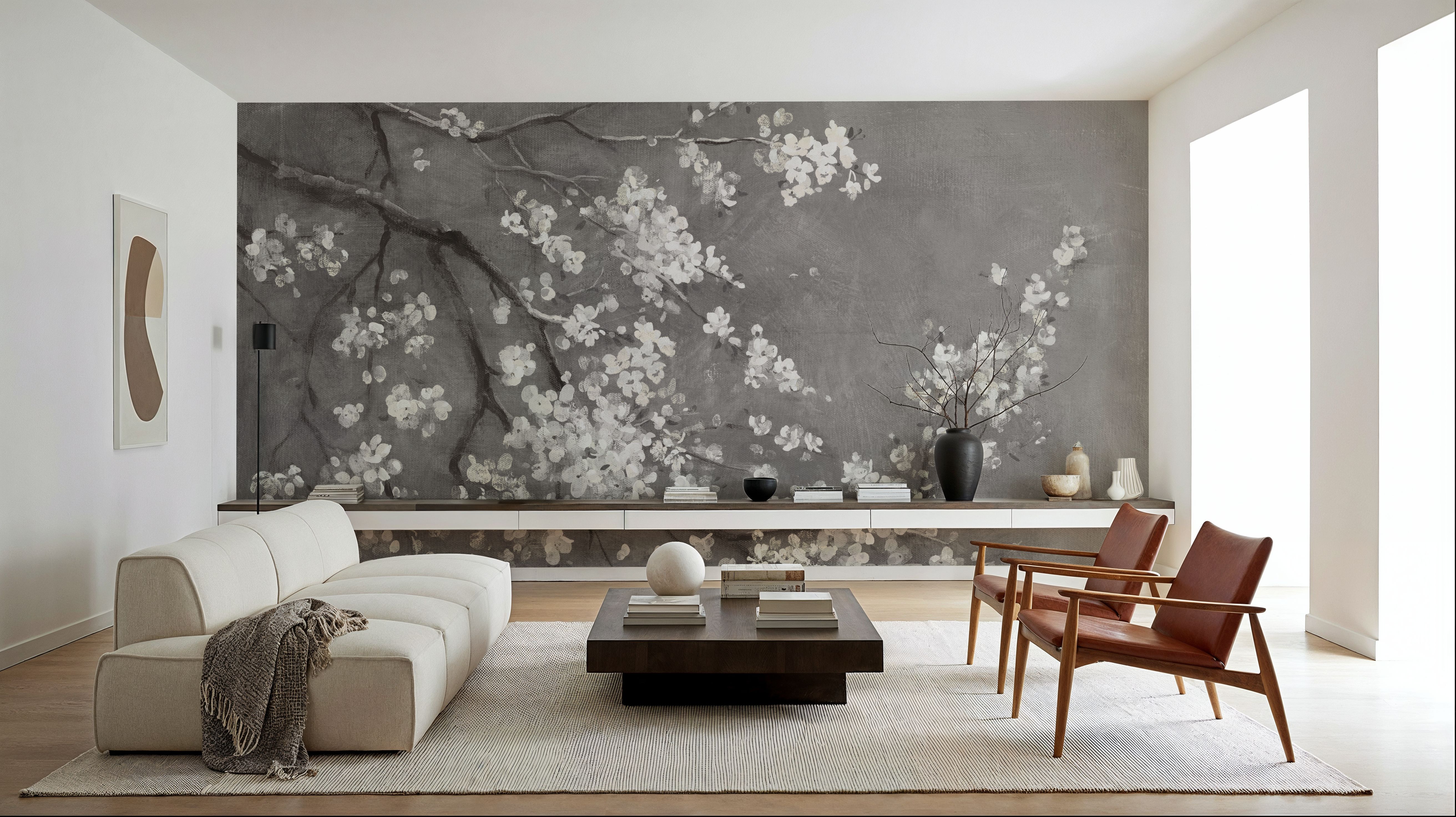 White Cherry Blossoms I on Grey