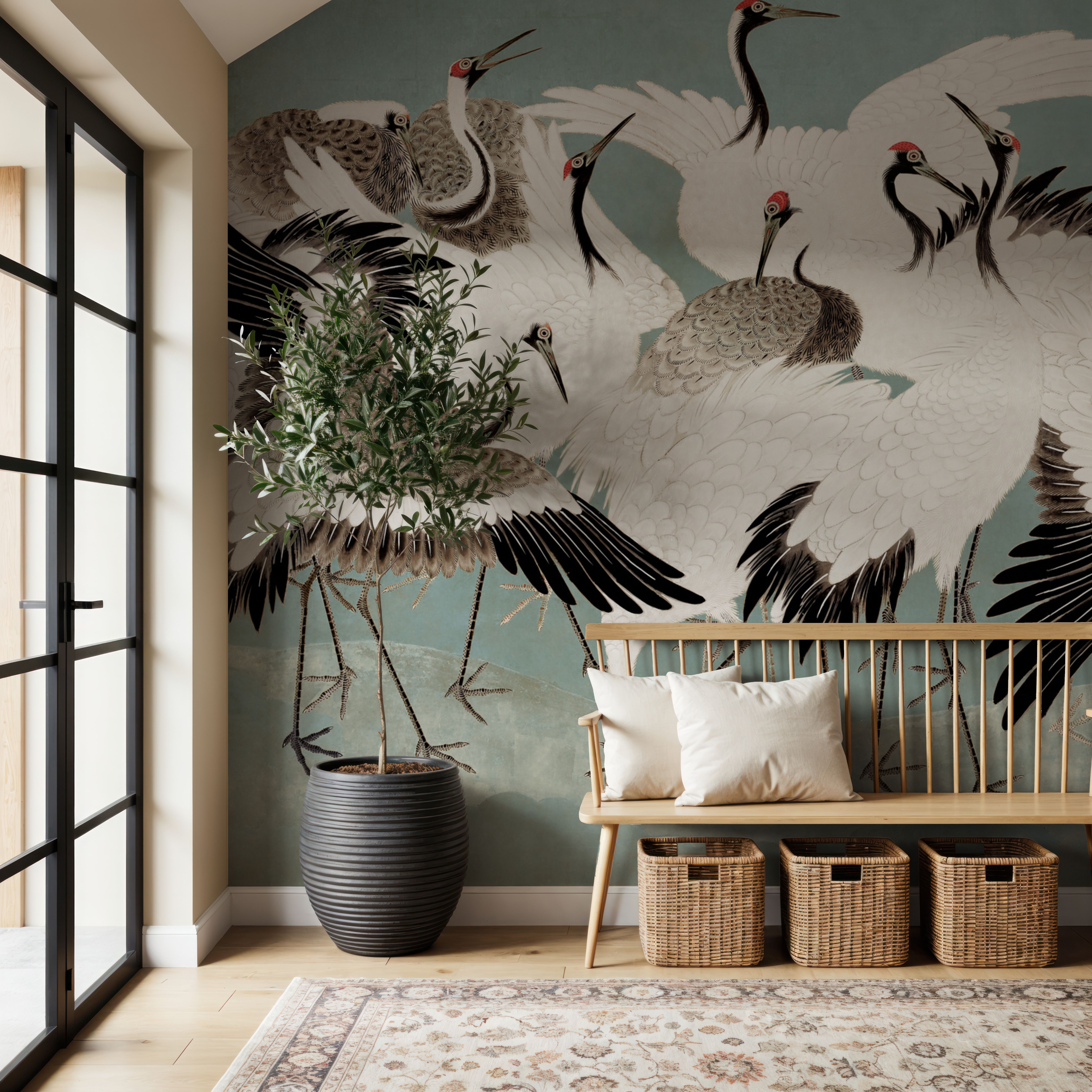 Japanese Flock of Cranes, Calm Ocean