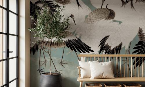 Japanese Flock of Cranes, Calm Ocean