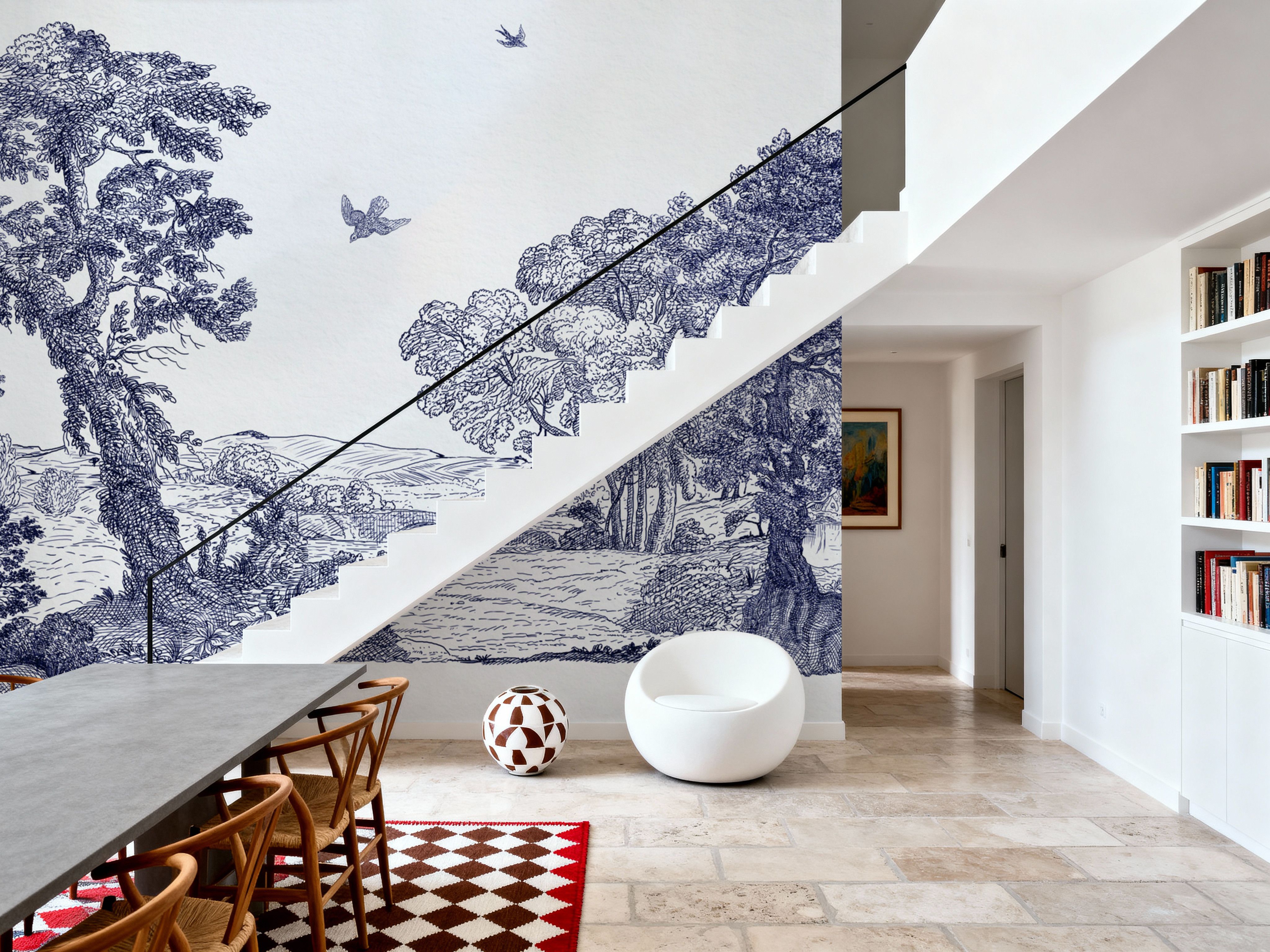 French Landscape, Indigo, Wallpaper