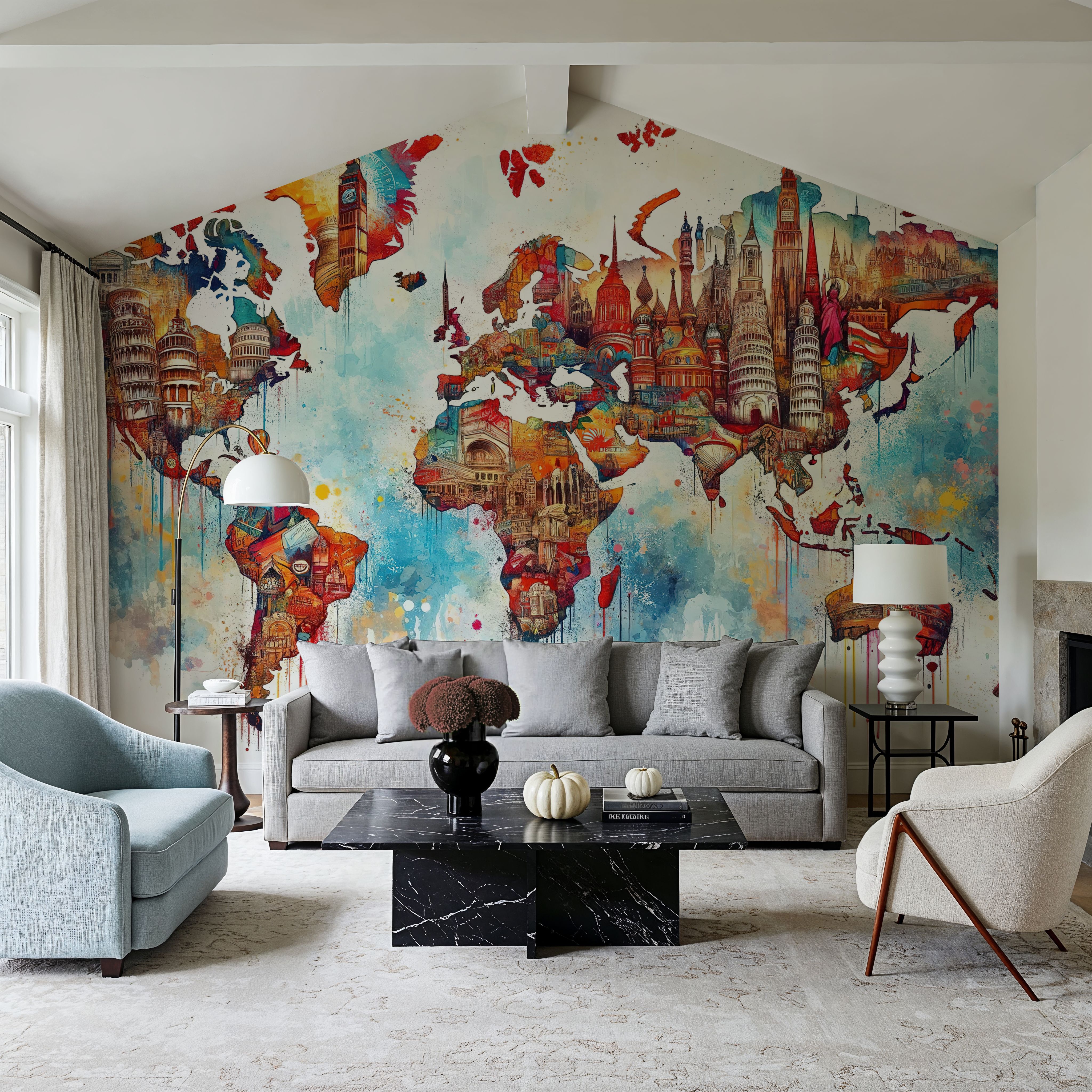 Watercolor World Map Landmarks