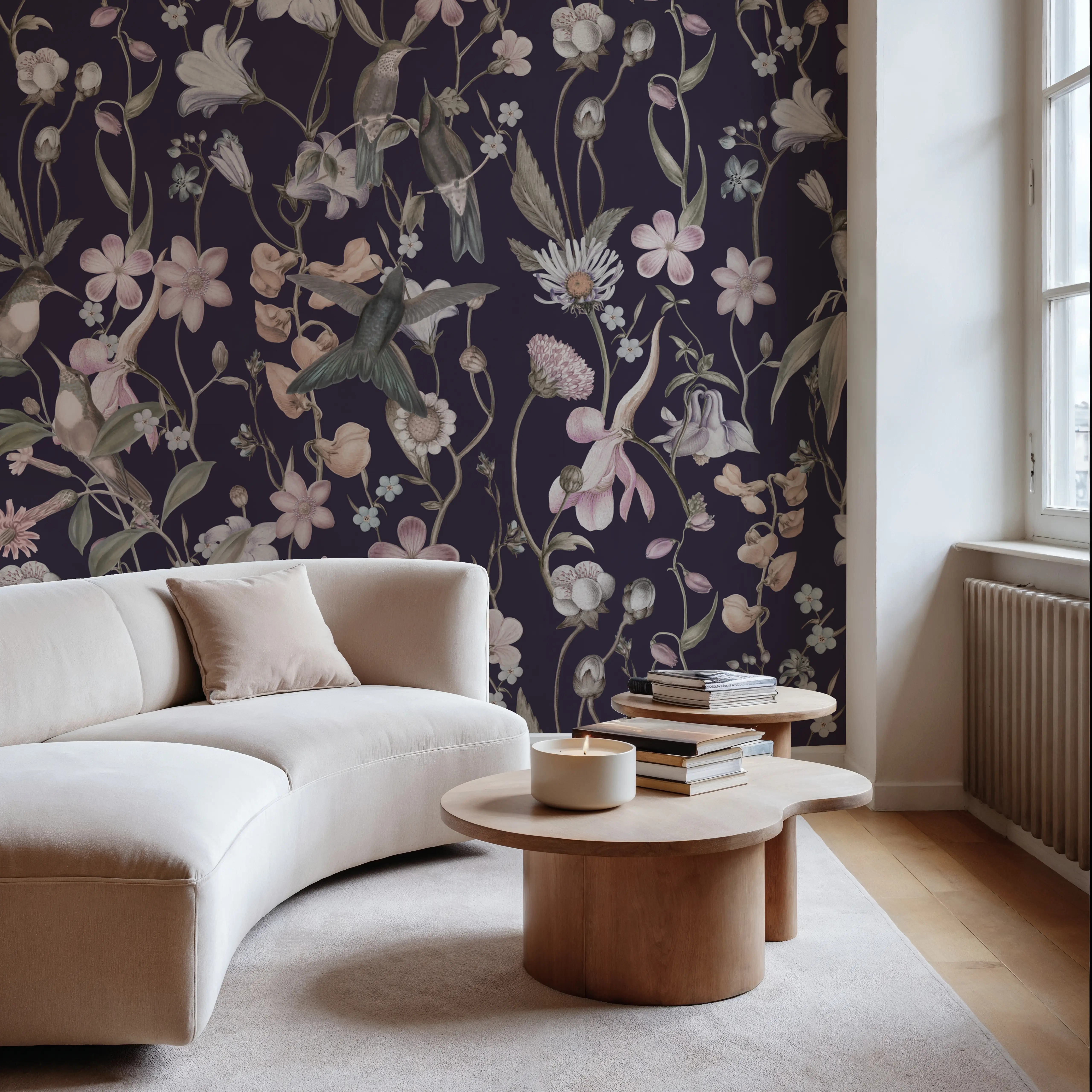 Fotobehang - Sound of Spring Dark Blue - Vogels Dieren Mural - Blauw - Eetkamer - Wallism België - Zelfklevend of Vliesbehang