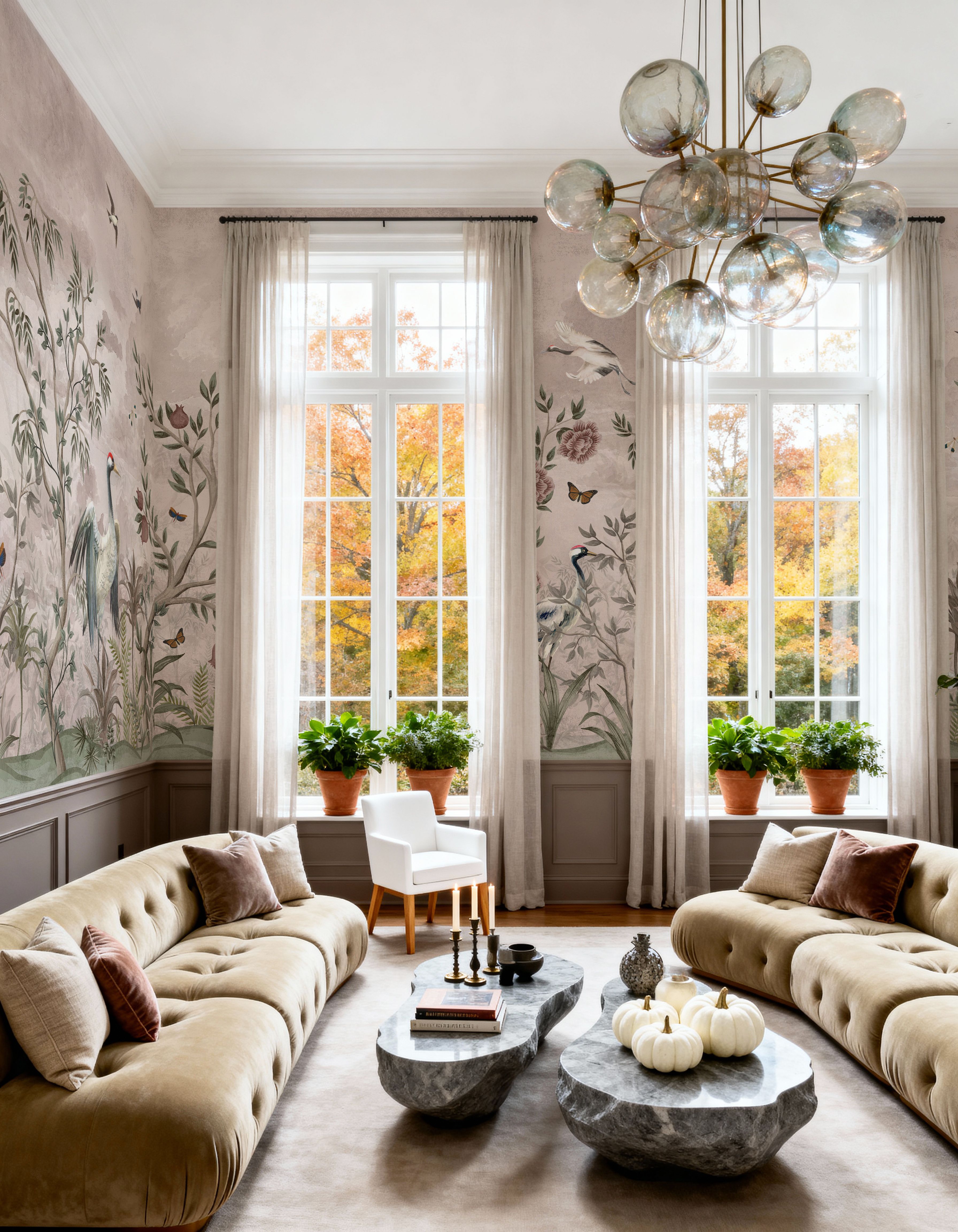 Cranes in flight across a living room wall
