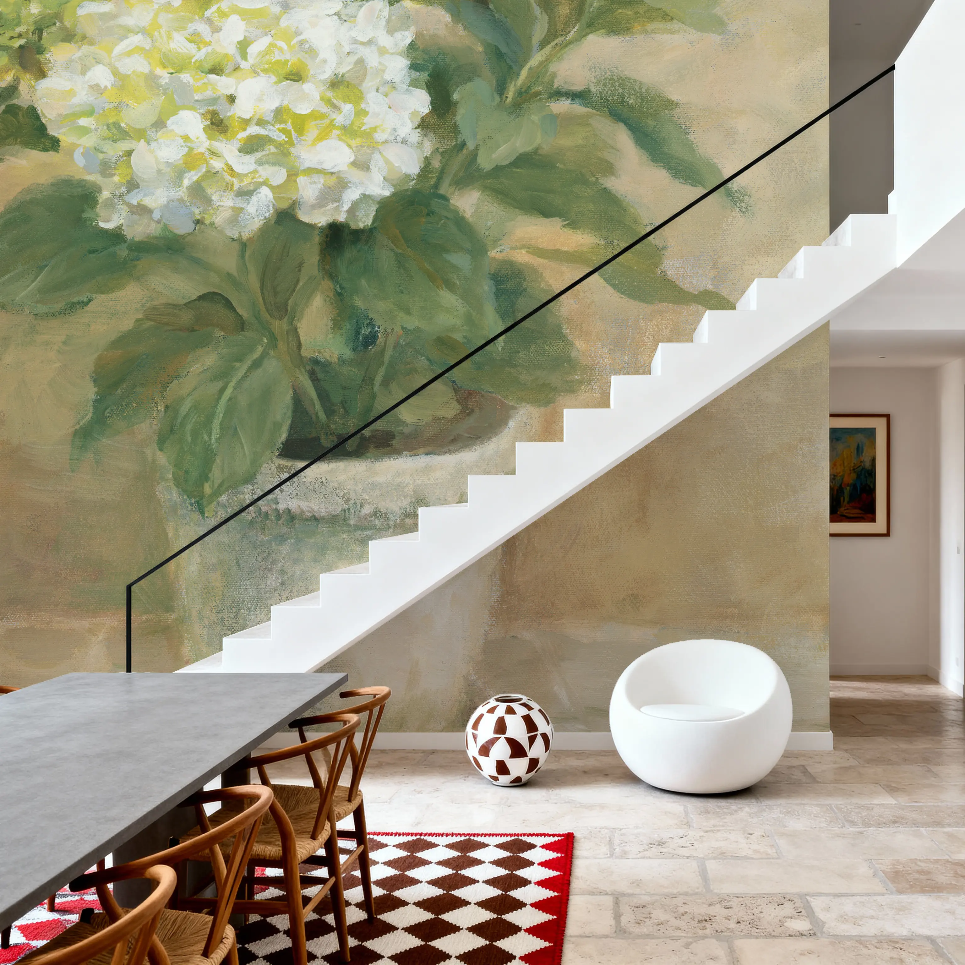 Fotobehang - Pot of White Hydrangea - Bloemen Natuur Mural - Groen - Slaapkamers - Wallism België - Zelfklevend of Vliesbehang