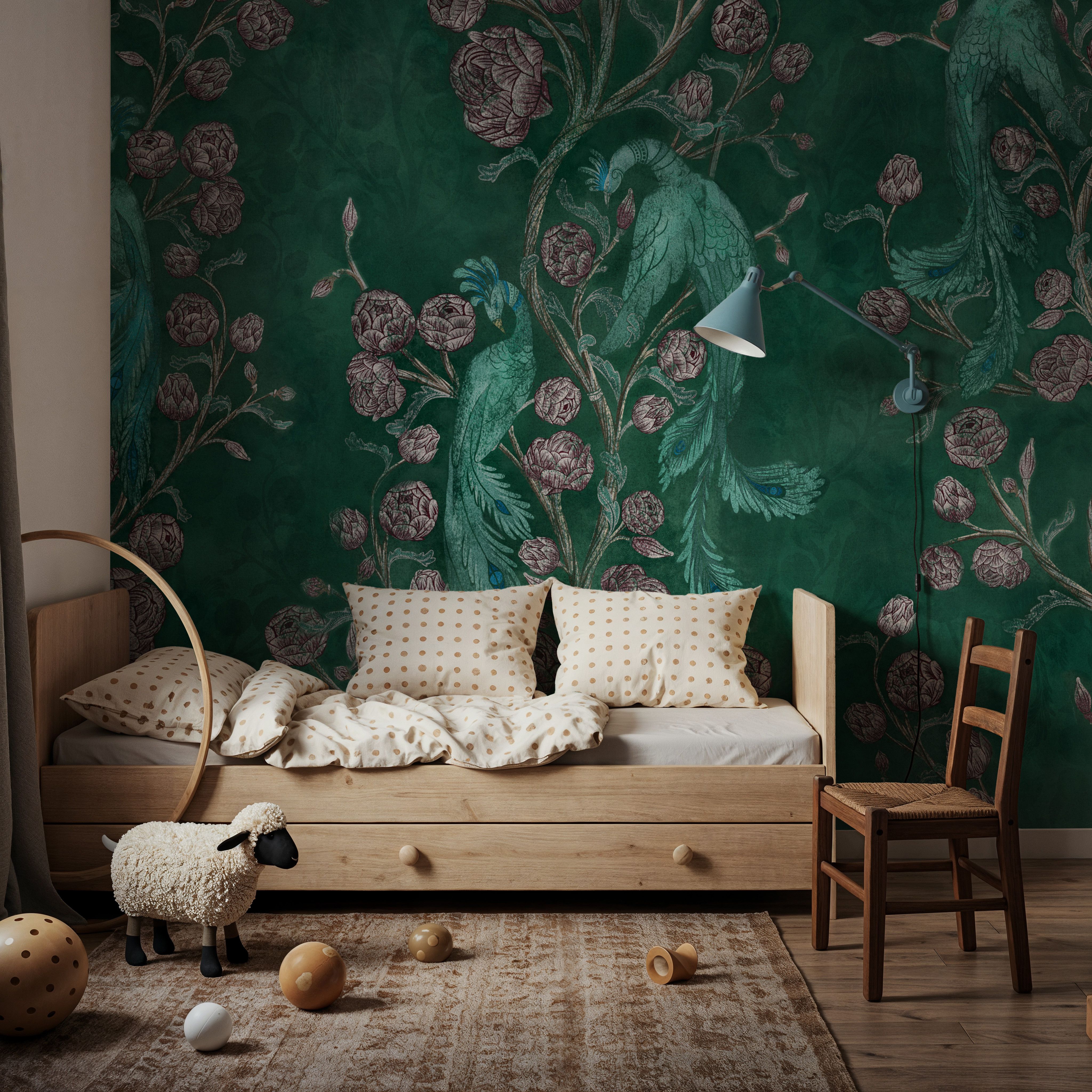 Peacock and Peony Chinoiserie Bottle Green