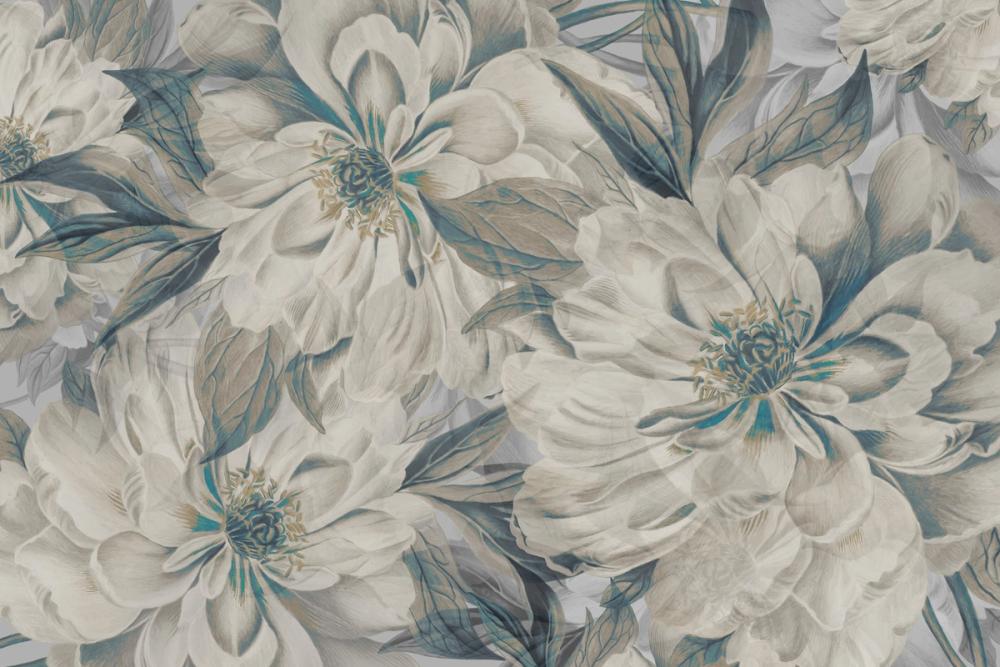 Peony Study - Cream and Teal
