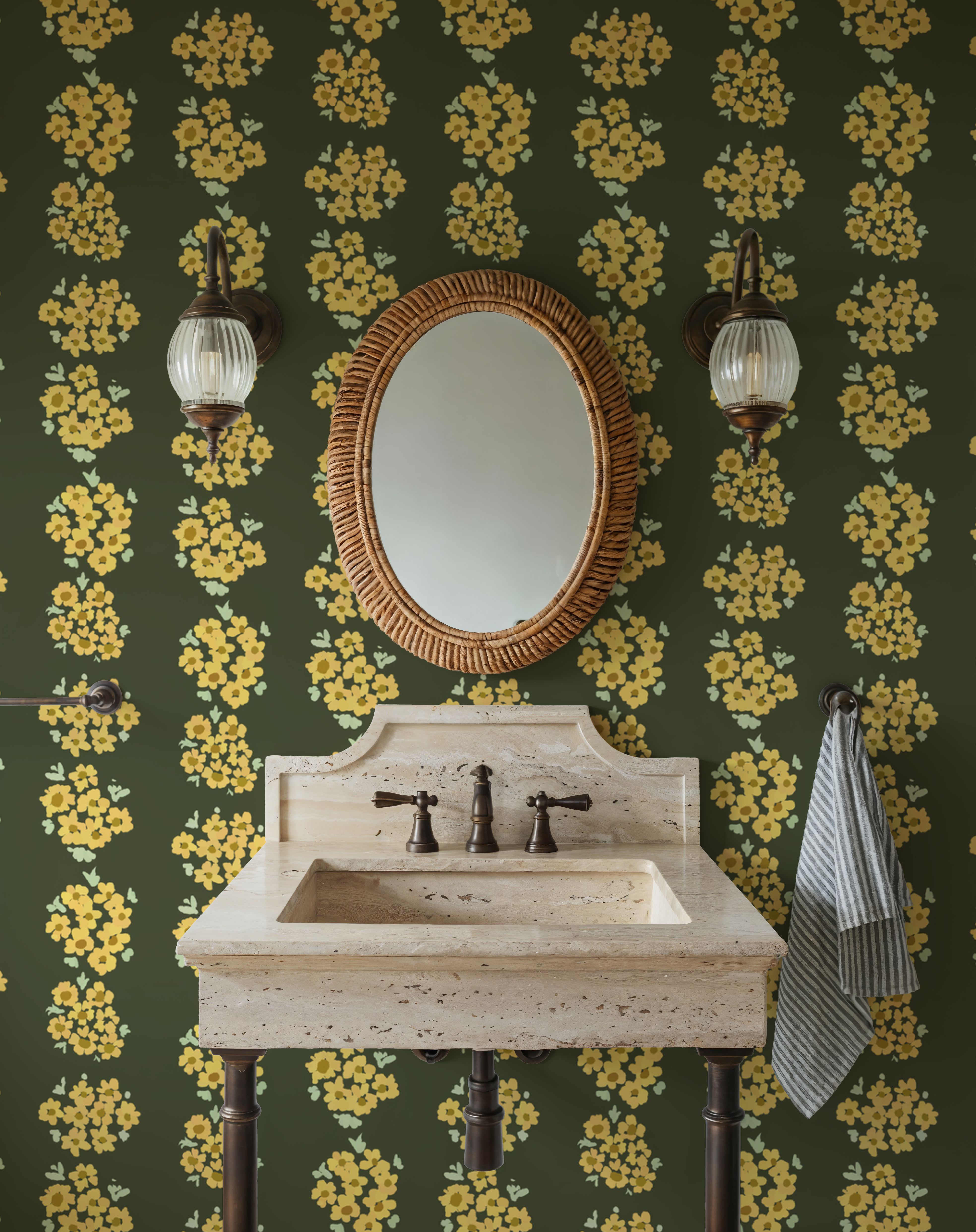 Ditsy Floral Clusters, Avocado Green, Wallpaper