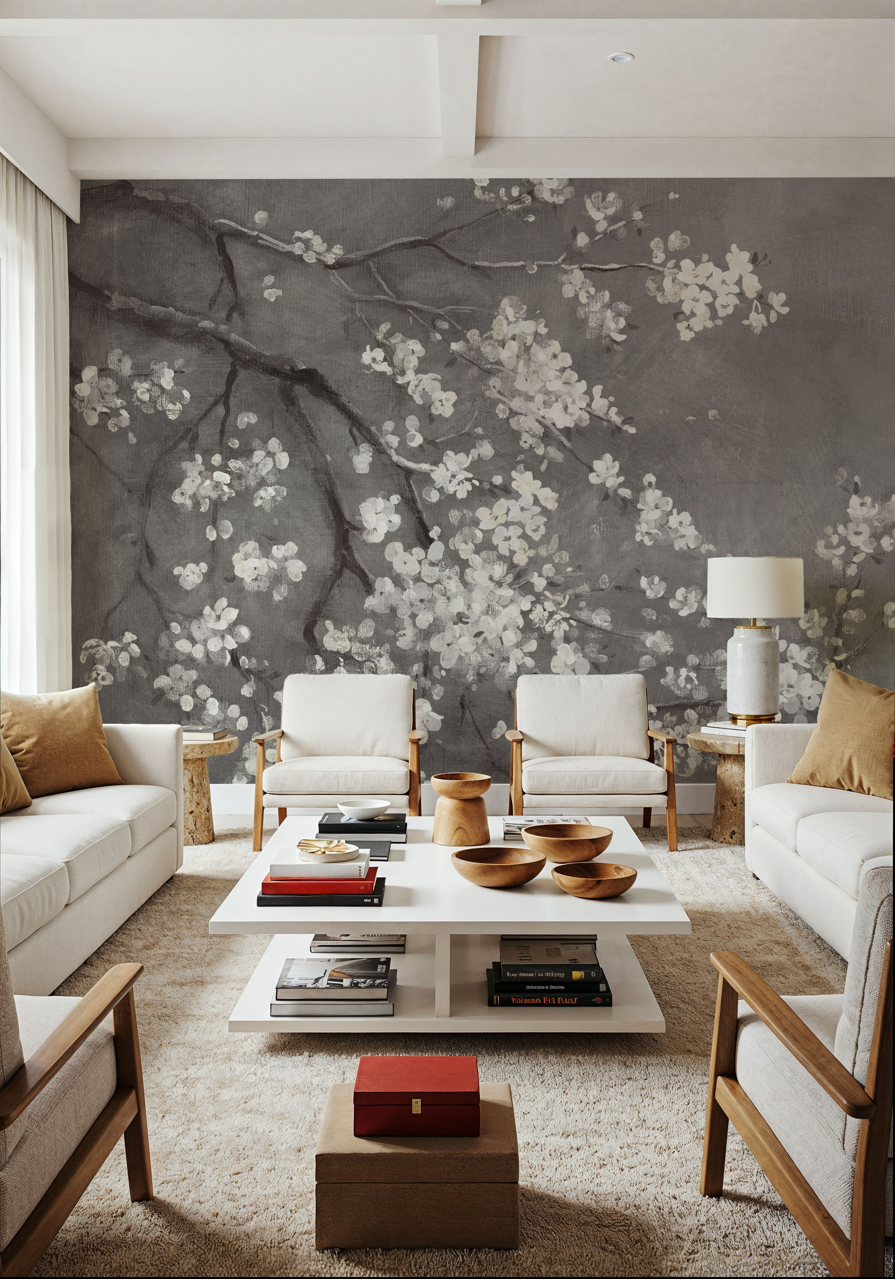White Cherry Blossoms I on Grey