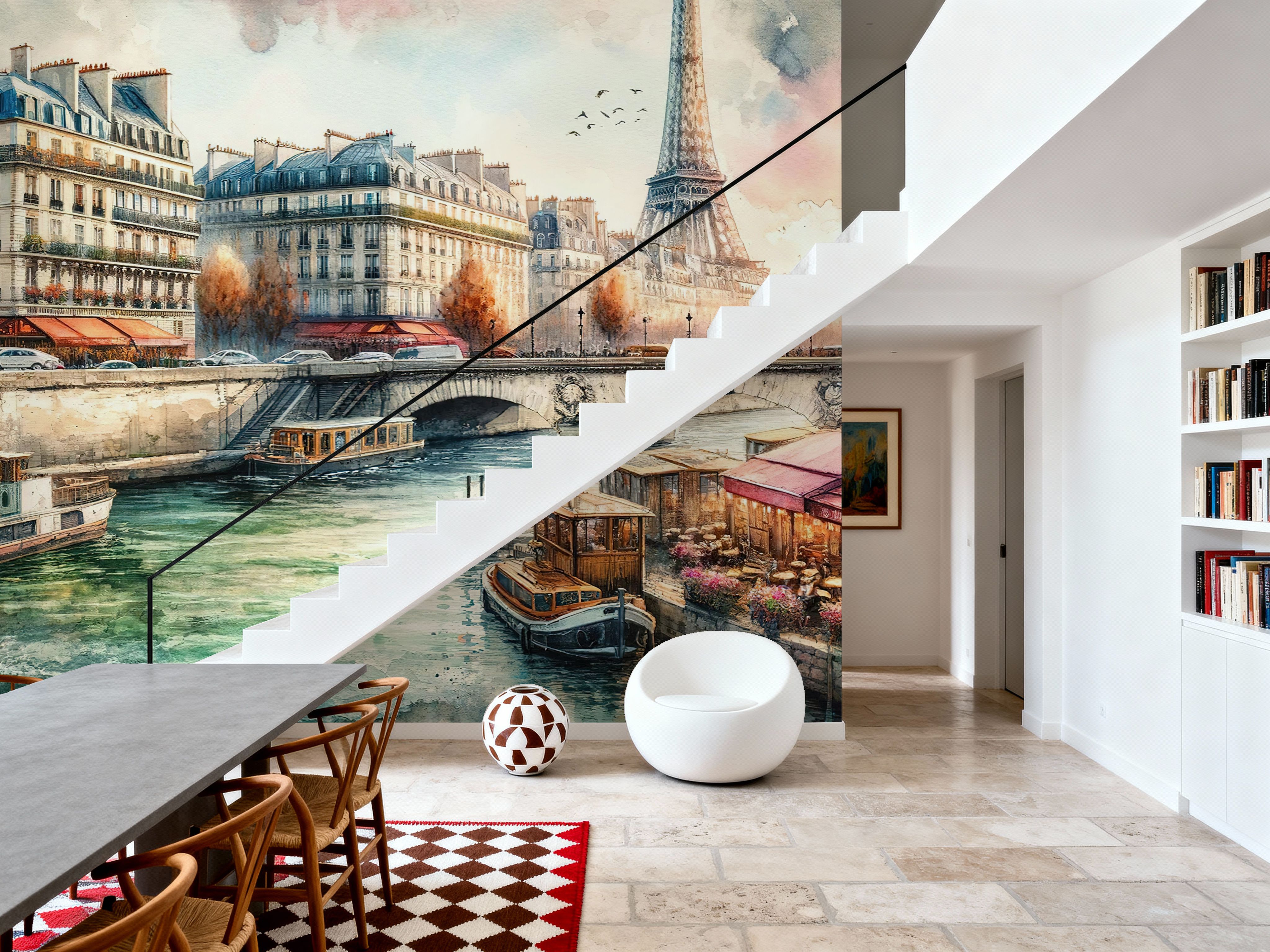 Parisian River Scene with Eiffel Tower