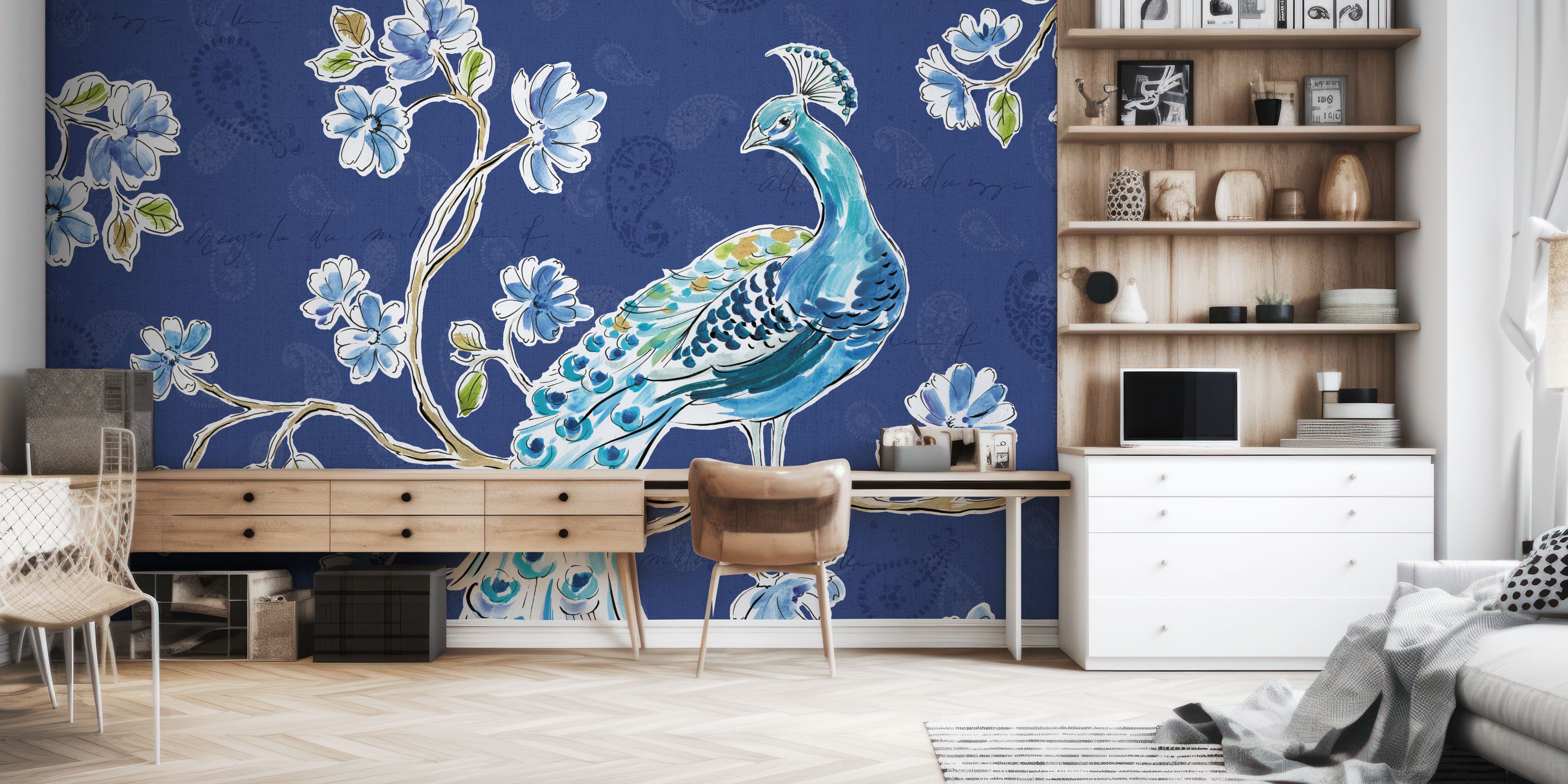 Peacock Allegory II Blue wallpaper mural 100% PVC-free and non-toxic