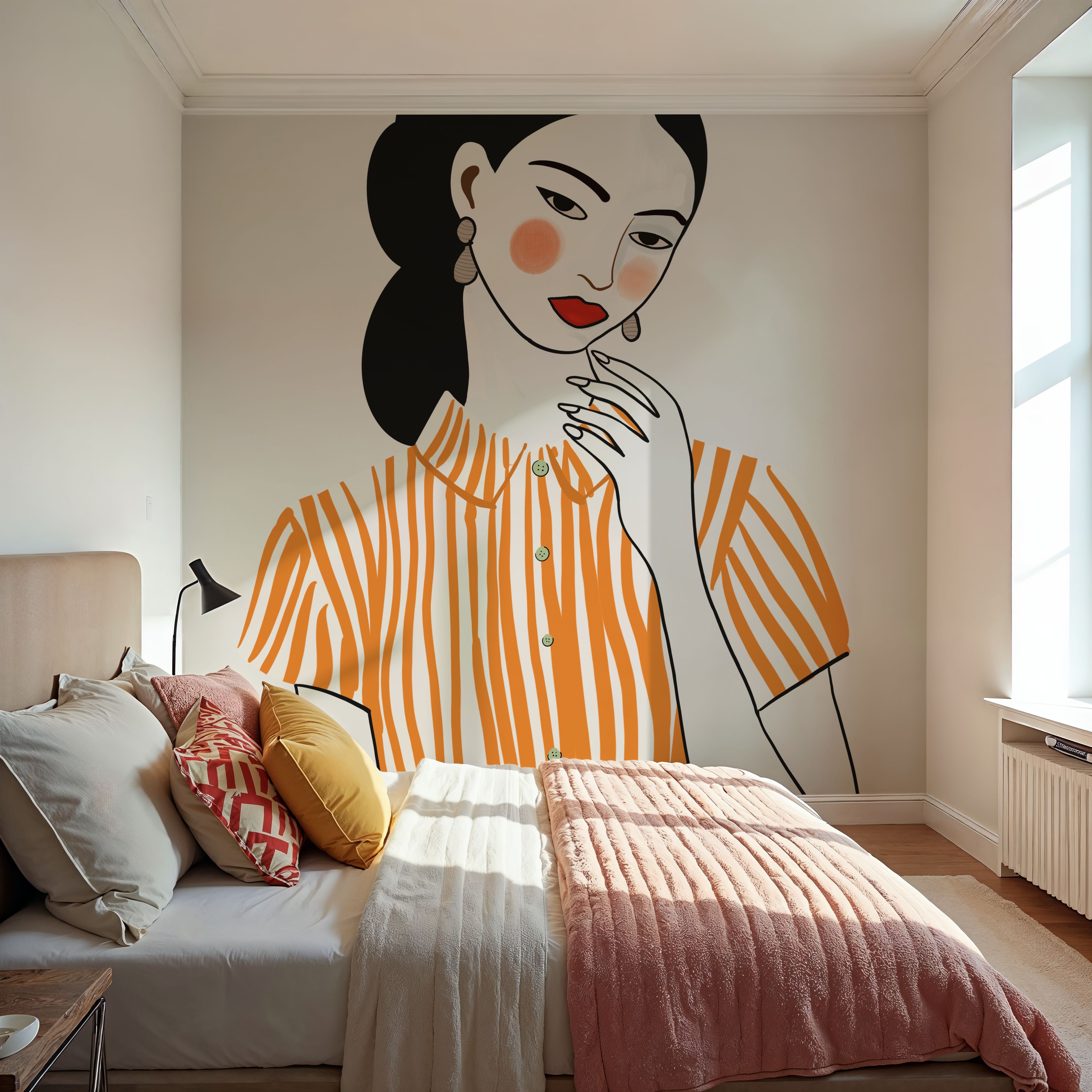 Wall Mural - Woman in Striped Blouse II - Contemporary Stripes mural wallpaper - Orange - Living room - Wallism US - Premium, Textured or Peel & Stick
