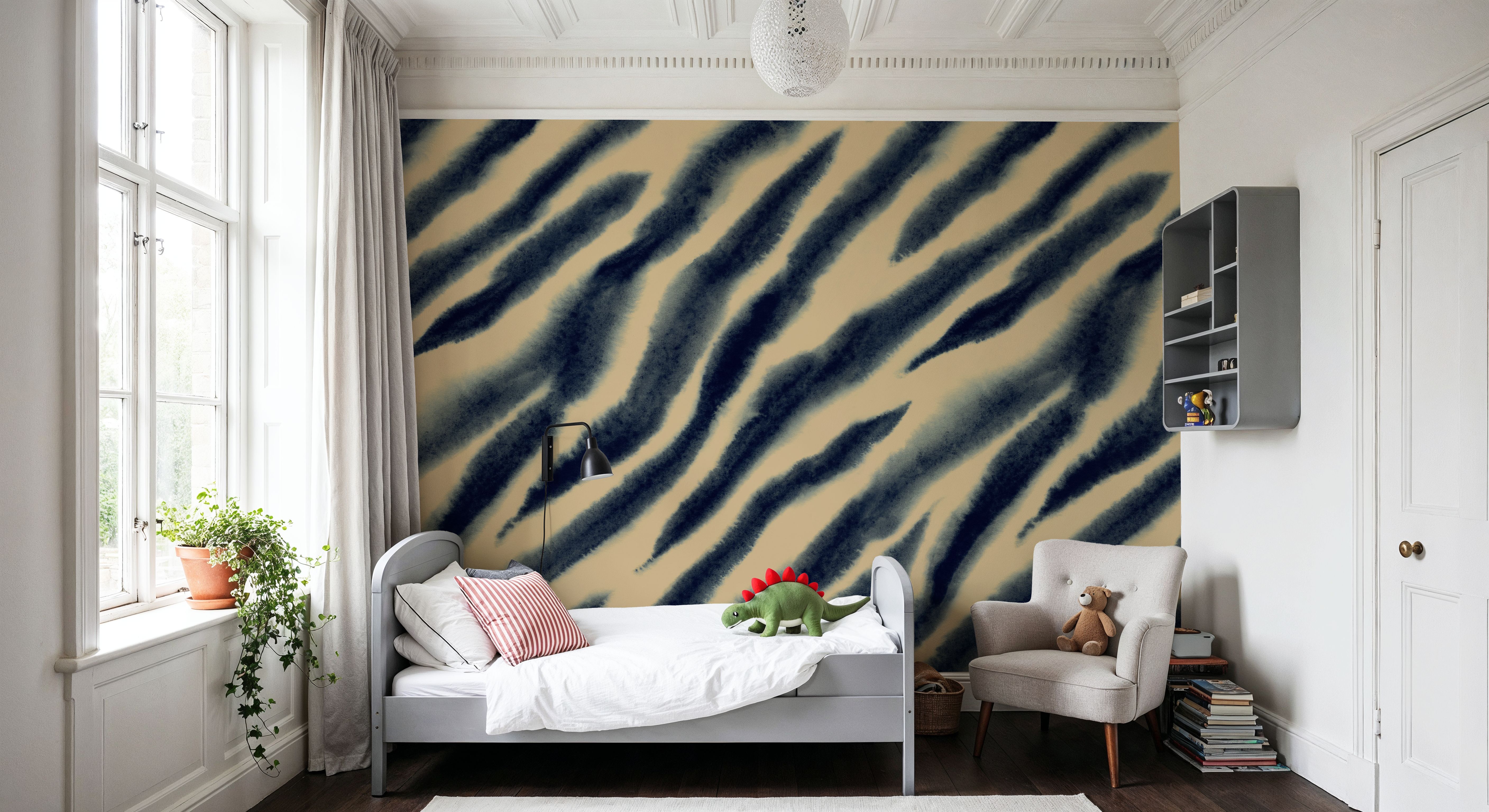 Watercolor Tiger Stripes, Blue on Beige, Wallpaper